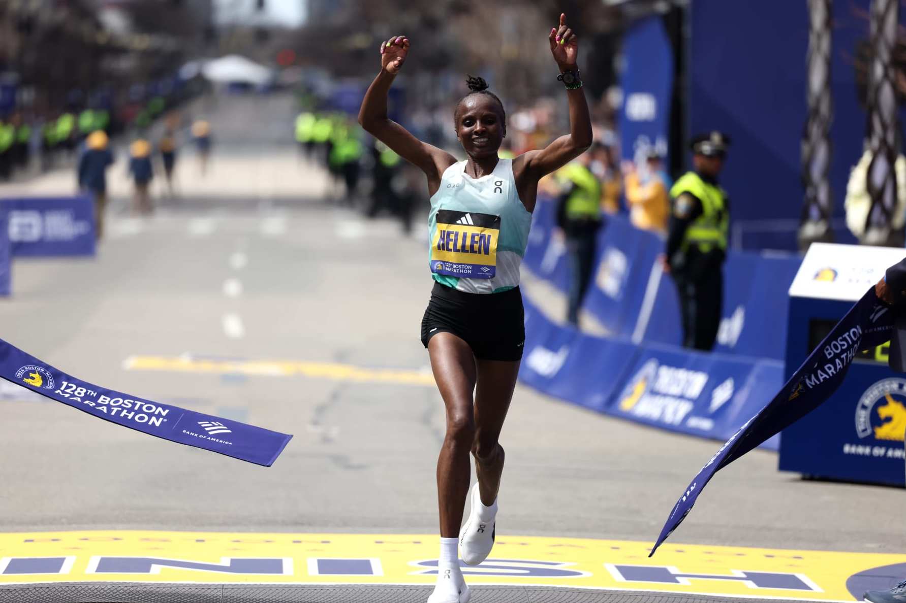 Boston, MA - April 15: Hellen Obiri reacted as she crossed the finish line to win the women's division of the Boston Marathon. (Photo by Jessica Rinaldi/The Boston Globe via Getty Images)