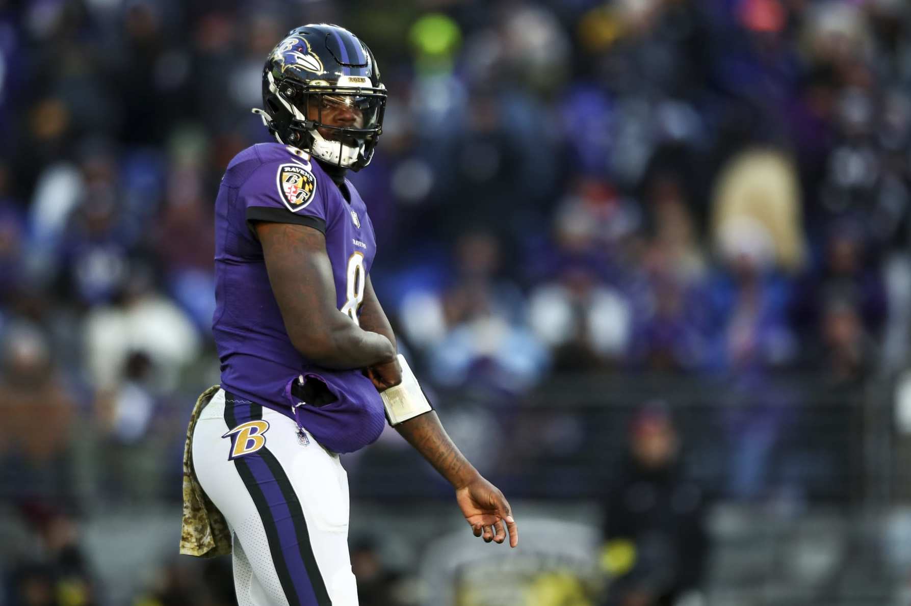 BALTIMORE, MD - NOVEMBER 20: Lamar Jackson #8 of the Baltimore Ravens lines up before a play during the fourth quarter of an NFL football game against the Carolina Panthers at M&T Bank Stadium on November 20, 2022 in Baltimore, Maryland. (Photo by Kevin Sabitus/Getty Images)