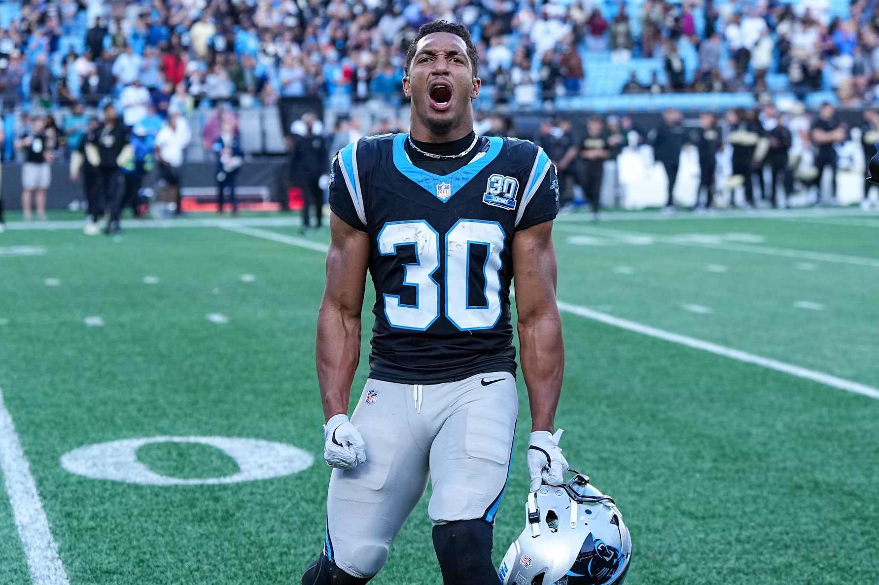 CHARLOTTE, NORTH CAROLINA - NOVEMBER 03: Chuba Hubbard #30 of the Carolina Panthers celebrates after a win over the against the New Orleans Saints at Bank of America Stadium on November 03, 2024 in Charlotte, North Carolina. (Photo by Matt Kelley/Getty Images)