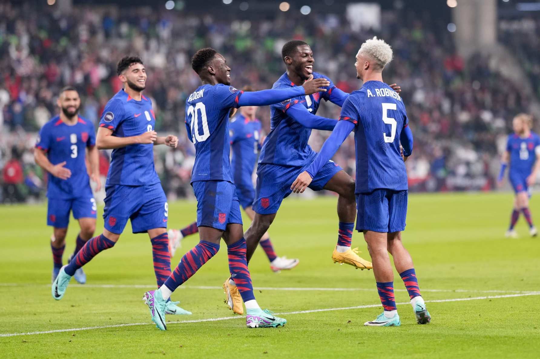 AUSTIN, TX - NOVEMBER 16: Miles Robinson #12 of USA scores a goal and celebrates with teammates during a Concacaf Nations League game between Trinidad and Tobago and USMNT at Q2 Stadium on November 16, 2023 in Austin, Texas. (Photo by Robin Alam/ISI Photos/Getty Images)