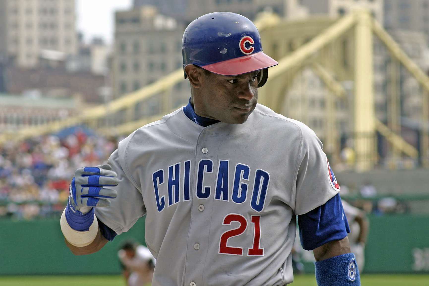 PITTSBURGH, PA - SEPTEMBER 21:  Sammy Sosa of the Chicago Cubs looks on from the field during a Major League Baseball game against the Pittsburgh Pirates at PNC Park on September 21, 2003 in Pittsburgh, Pennsylvania.  (Photo by George Gojkovich/Getty Images) 