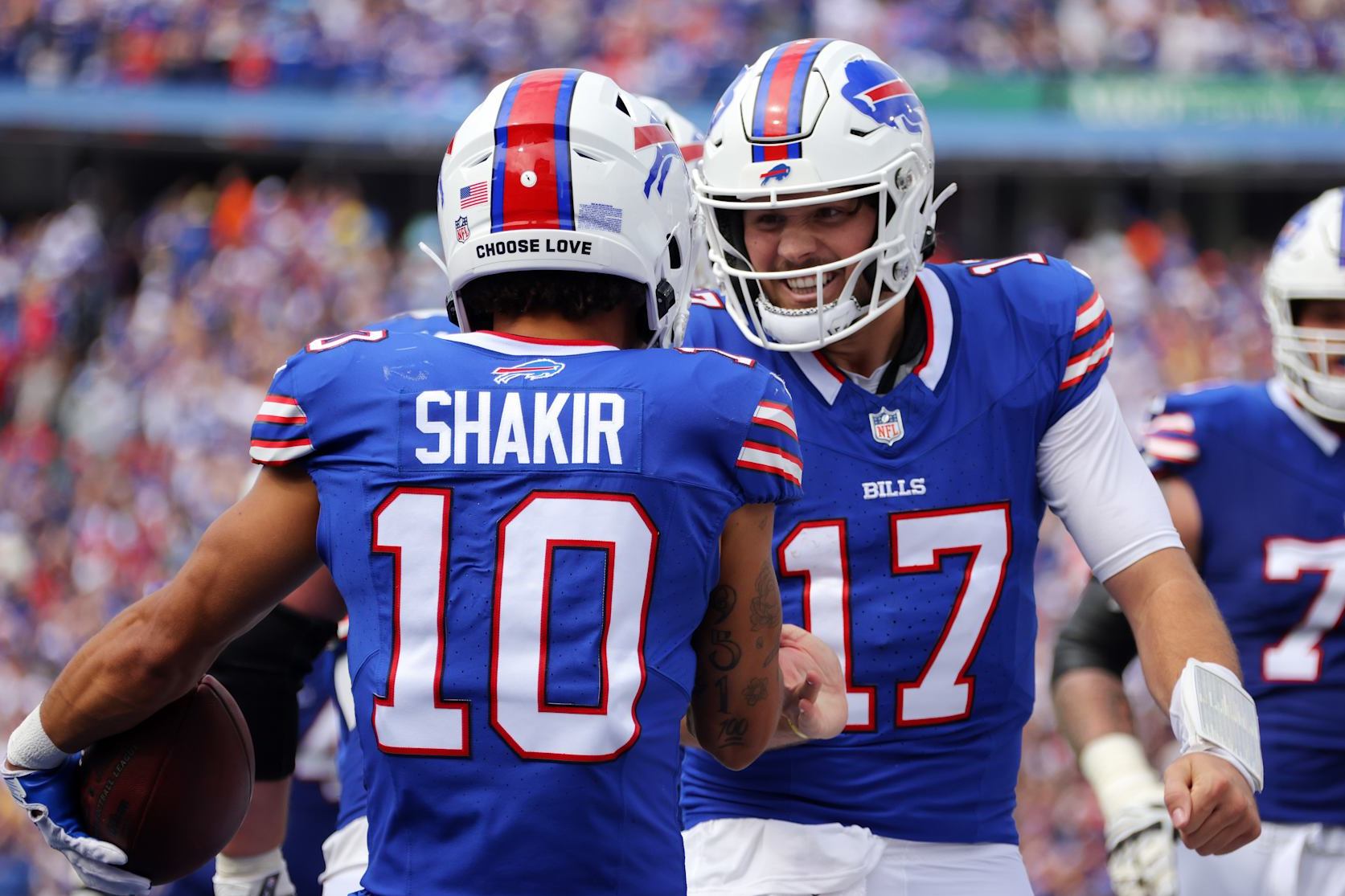 ORCHARD PARK, NEW YORK - SEPTEMBER 17: Khalil Shakir #10 of the Buffalo Bills celebrates with Josh Allen #17 of the Buffalo Bills after Shakir's touchdown during the second quarter against the Las Vegas Raiders at Highmark Stadium on September 17, 2023 in Orchard Park, New York. (Photo by Timothy T Ludwig/Getty Images)