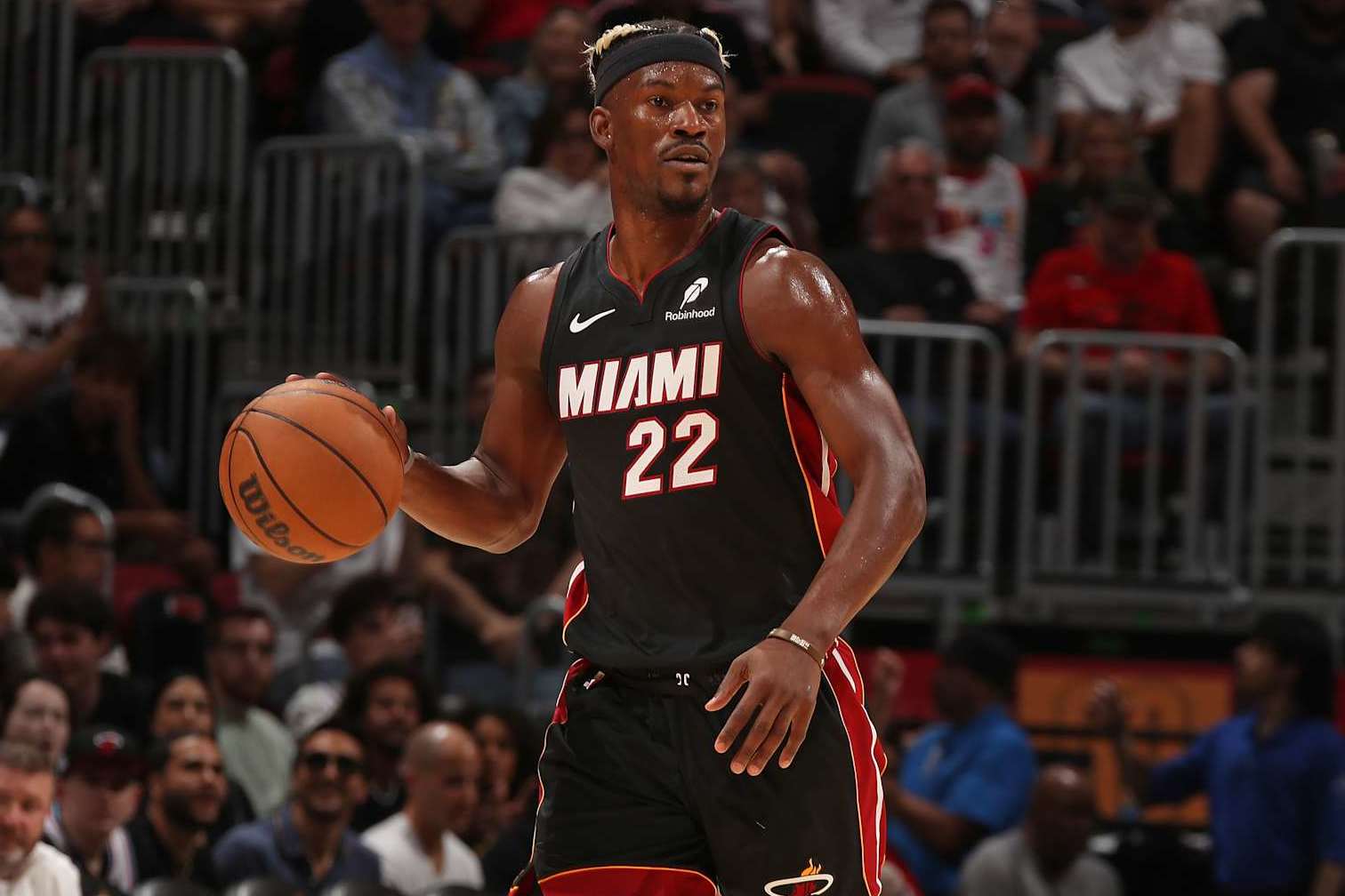 MIAMI, FL - JANUARY 19: Jimmy Butler #22 of the Miami Heat dribbles the ball during the game against the San Antonio Spurs on January 19, 2025 at Kaseya Center in Miami, Florida. NOTE TO USER: User expressly acknowledges and agrees that, by downloading and or using this Photograph, user is consenting to the terms and conditions of the Getty Images License Agreement. Mandatory Copyright Notice: Copyright 2025 NBAE (Photo by Issac Baldizon/NBAE via Getty Images)
