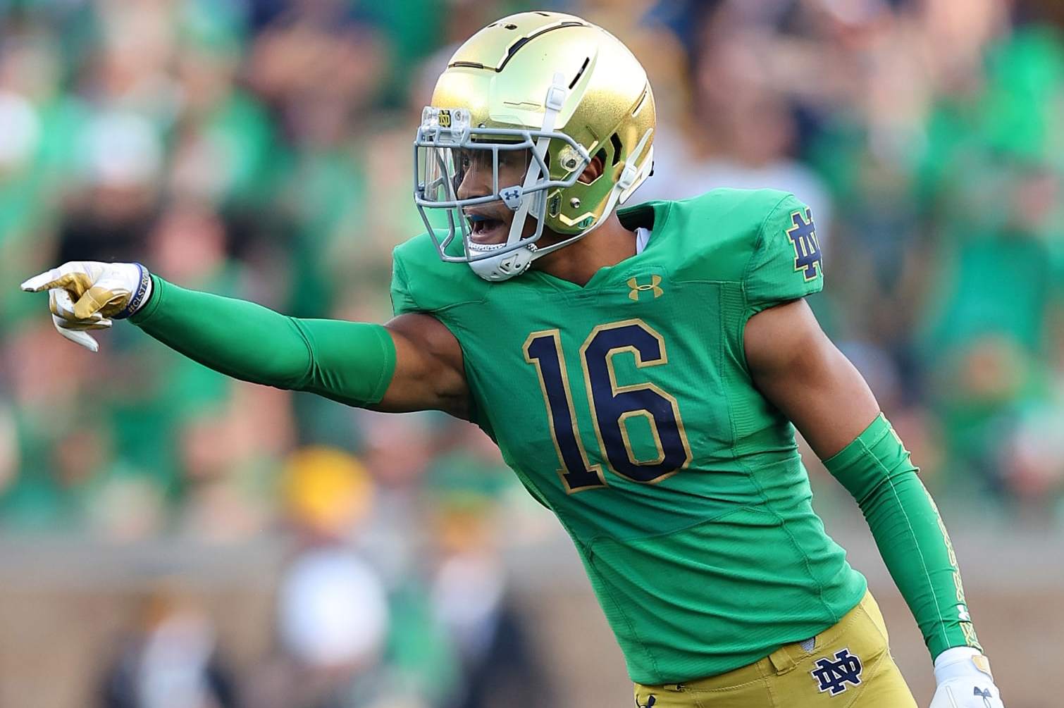 SOUTH BEND, INDIANA - SEPTEMBER 17: Brandon Joseph #16 of the Notre Dame Fighting Irish in action against the California Golden Bears during the second half at Notre Dame Stadium on September 17, 2022 in South Bend, Indiana. (Photo by Michael Reaves/Getty Images)