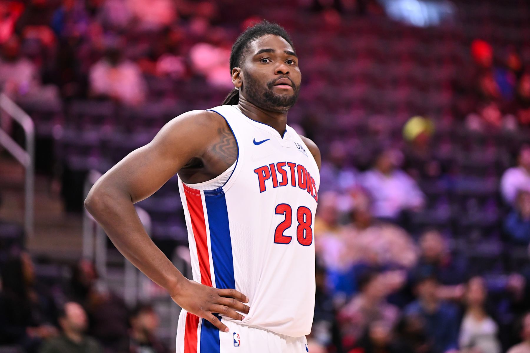 DETROIT, MICHIGAN - MARCH 07: Isaiah Stewart #28 of the Detroit Pistons looks on against the Brooklyn Nets during the second half at Little Caesars Arena on March 07, 2024 in Detroit, Michigan. NOTE TO USER: User expressly acknowledges and agrees that, by downloading and or using this photograph, User is consenting to the terms and conditions of the Getty Images License Agreement. (Photo by Luke Hales/Getty Images)