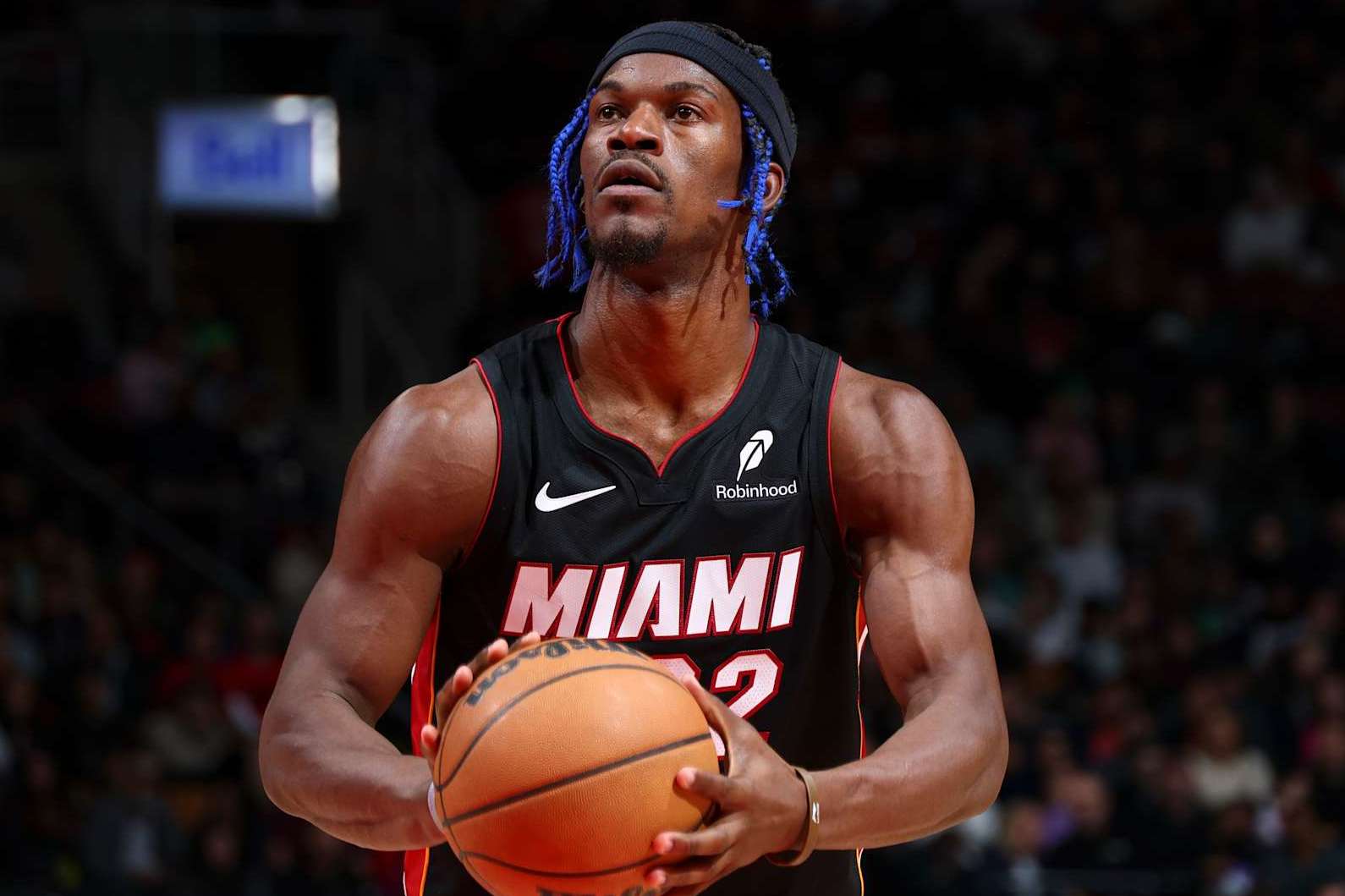 TORONTO, CANADA - DECEMBER 01:  Jimmy Butler #22 of the Miami Heat shoots a free throw during the game against the Toronto Raptors on December 1, 2024 at the Scotiabank Arena in Toronto, Ontario, Canada.  NOTE TO USER: User expressly acknowledges and agrees that, by downloading and or using this Photograph, user is consenting to the terms and conditions of the Getty Images License Agreement.  Mandatory Copyright Notice: Copyright 2024 NBAE (Photo by Vaughn Ridley/NBAE via Getty Images)