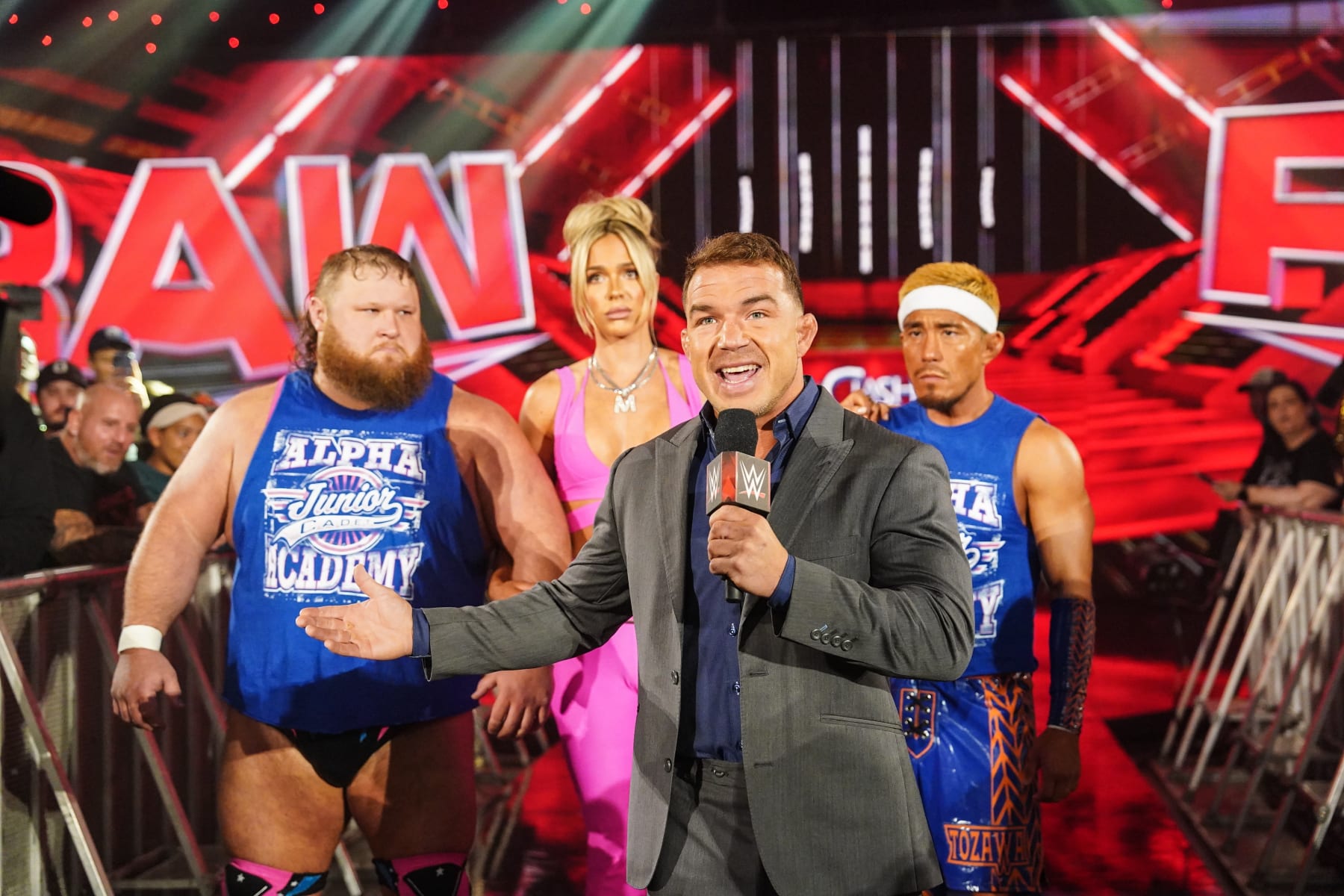 TOLEDO, OHIO - JUNE 10: Chad Gable speaks with Otis, Maxinne Dupri and Akira Tozawa during Monday Night RAW at Huntington Center on June 10, 2024 in Toledo, Ohio. (Photo by WWE/Getty Images)