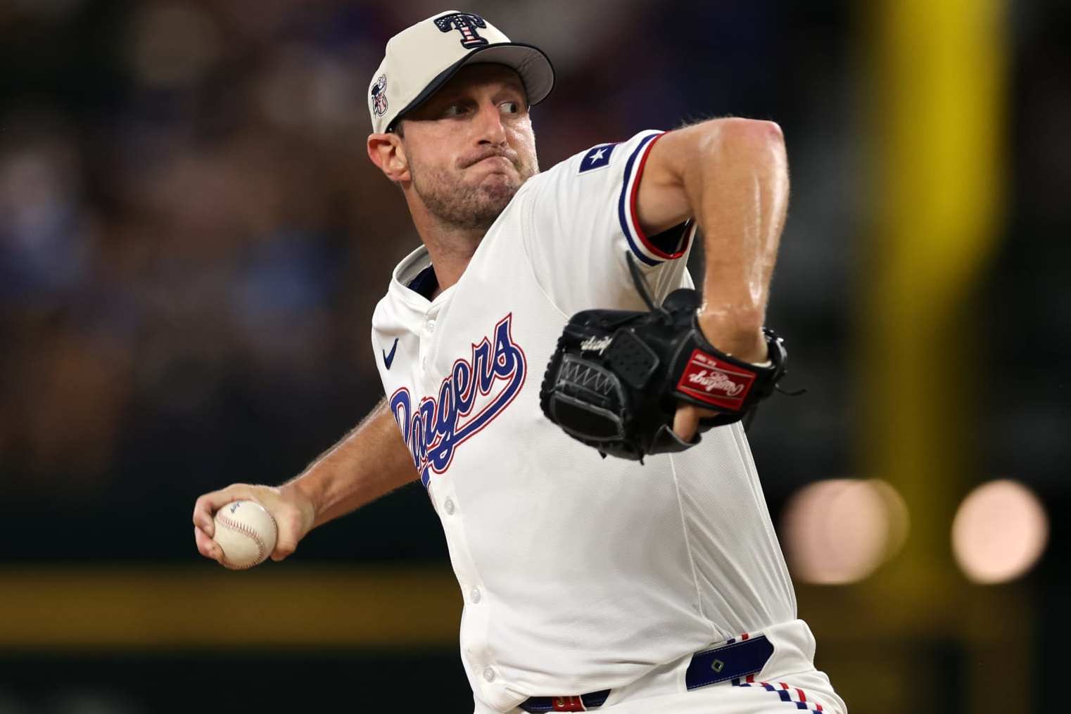 ARLINGTON, TX - JULY 4: Max Scherzer #31 of the Texas Rangers pitches against the San Diego Padres during the second inning at Globe Life Field on July 4, 2024 in Arlington, Texas. (Photo by Ron Jenkins/Getty Images)
