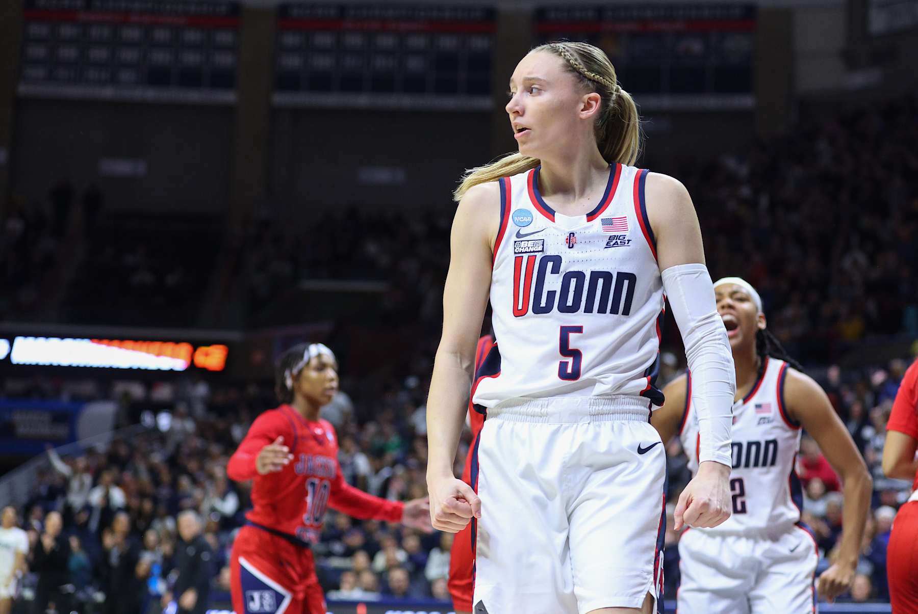 STORRS, CT - MARCH 23: UConn Huskies guard Paige Bueckers (5) reacts during the Jackson State Lady Tigers game versus the UConn Huskies in the first round of the NCAA Division I Women's Championship on March 23, 2024, at Harry A. Gampel Pavilion in Storrs, CT.  (Photo by M. Anthony Nesmith/Icon Sportswire via Getty Images)