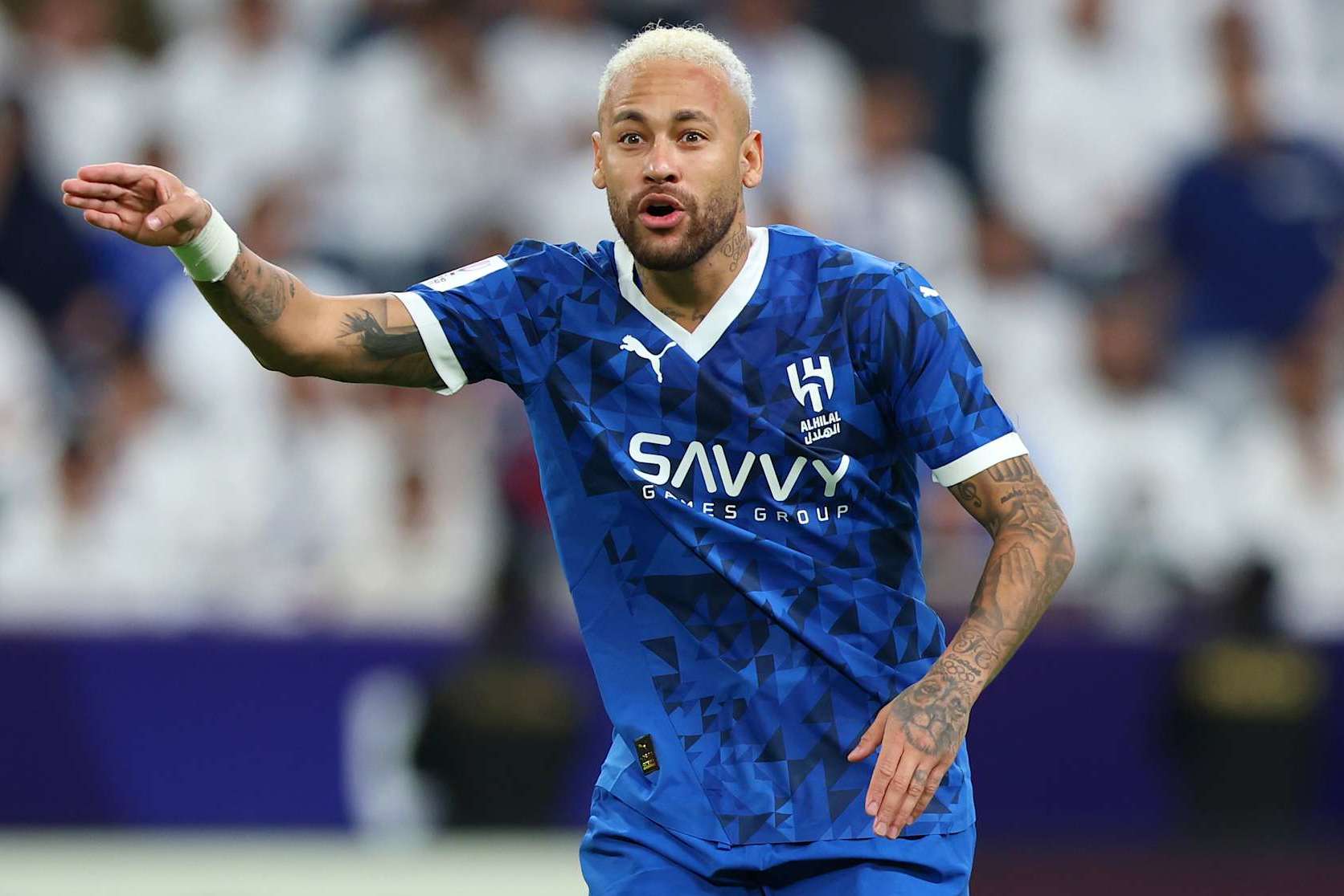 RIYADH, SAUDI ARABIA - NOVEMBER 04: Neymar of Al-Hilal reacts  during the AFC Champions League Elite match between Al-Hilal and Esteghlal at Kingdom Arena on November 04, 2024 in Riyadh, Saudi Arabia. (Photo by Yasser Bakhsh/Getty Images)