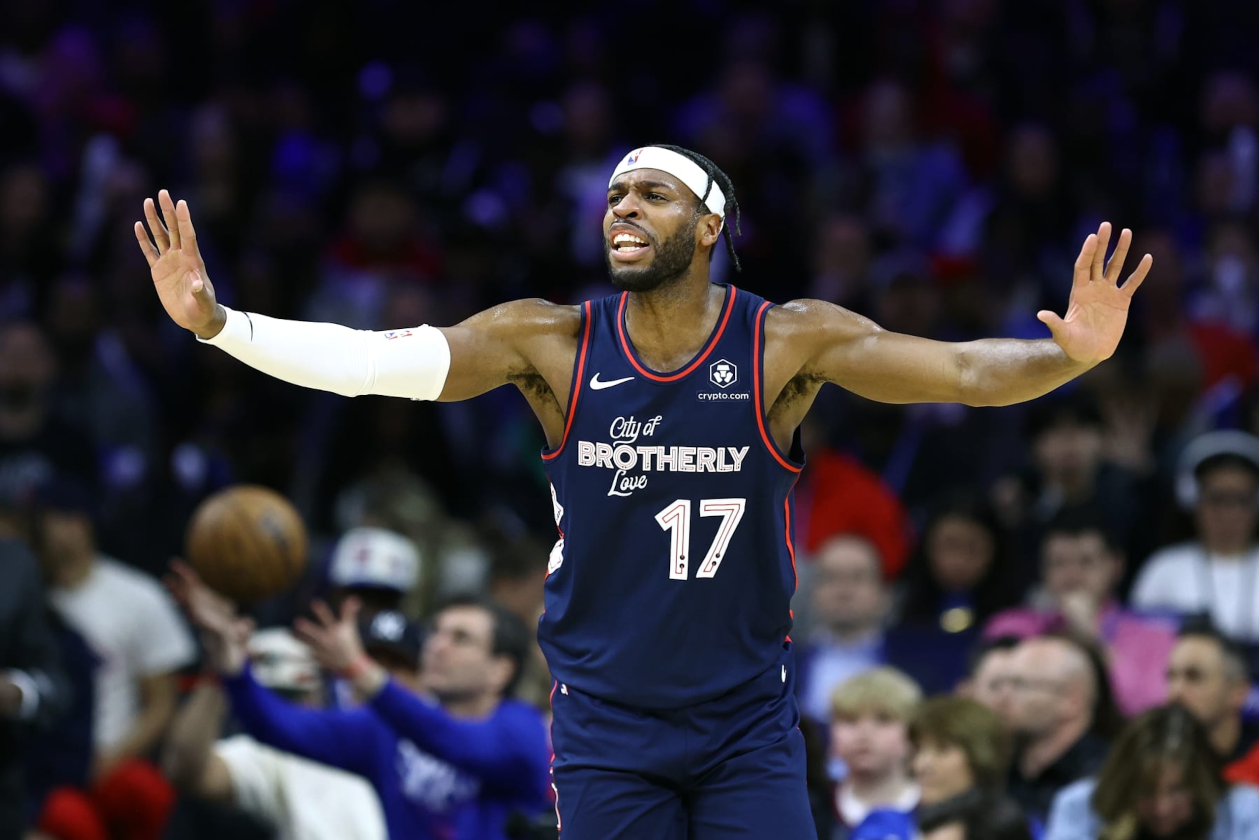 PHILADELPHIA, PENNSYLVANIA - MARCH 27: Buddy Hield #17 of the Philadelphia 76ers reacts during the fourth quarter against the LA Clippers at the Wells Fargo Center on March 27, 2024 in Philadelphia, Pennsylvania. NOTE TO USER: User expressly acknowledges and agrees that, by downloading and or using this photograph, User is consenting to the terms and conditions of the Getty Images License Agreement. (Photo by Tim Nwachukwu/Getty Images)