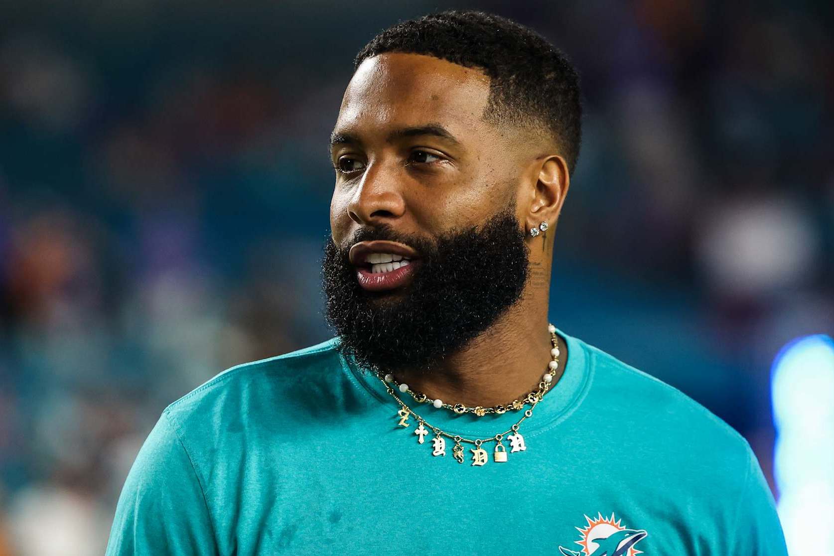 MIAMI GARDENS, FL - SEPTEMBER 12: Odell Beckham Jr. #3 of the Miami Dolphins looks on prior to an NFL football game against the Buffalo Bills at Hard Rock Stadium on September 12, 2024 in Miami Gardens, FL. (Photo by Perry Knotts/Getty Images)