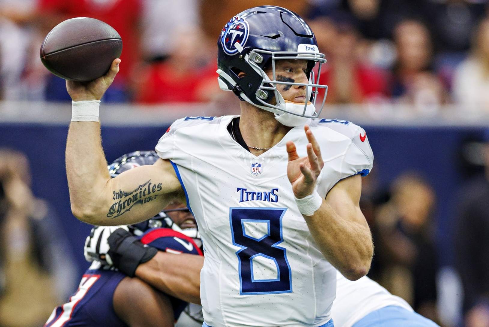 HOUSTON, TEXAS - DECEMBER 31: Will Levis #8 of the Tennessee Titans throws a pass during the game against the Houston Texans at NRG Stadium on December 31, 2023 in Houston, Texas. The Texans defeated the Titans 26-3. (Photo by Wesley Hitt/Getty Images)