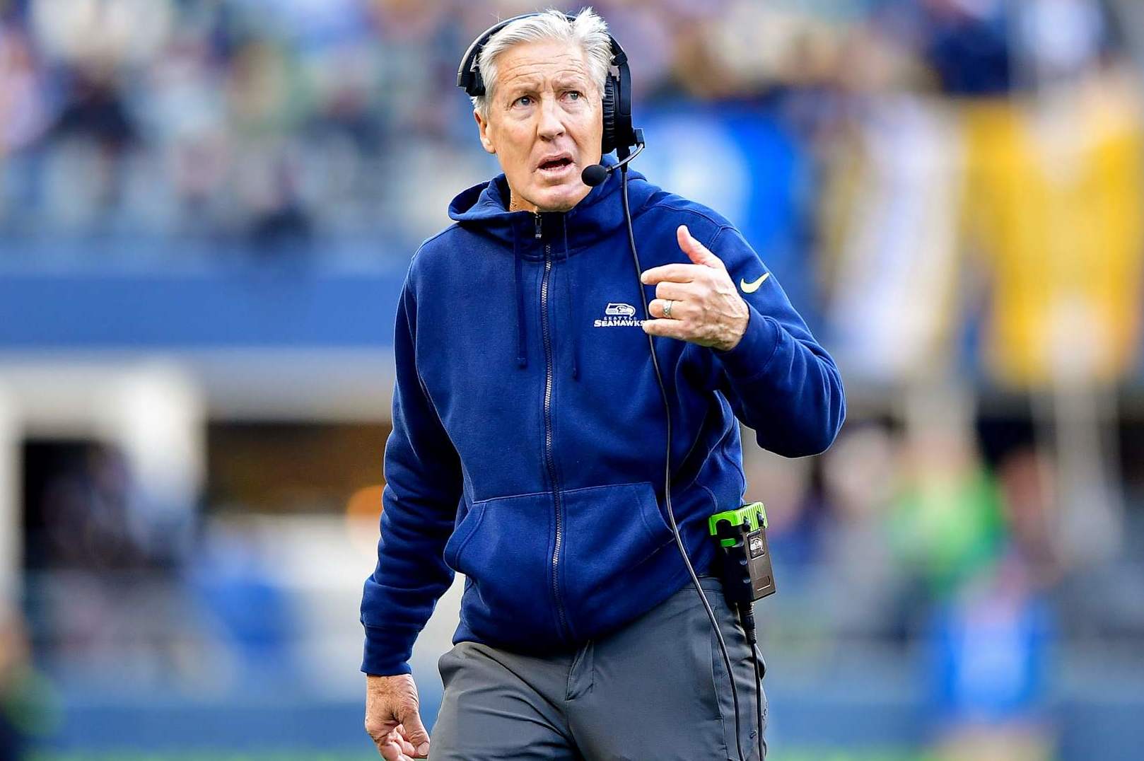 SEATTLE, WASHINGTON - DECEMBER 31: Head coach Pete Carroll of the Seattle Seahawks looks on during the first half of a game against the Pittsburgh Steelers at Lumen Field on December 31, 2023 in Seattle, Washington. (Photo by Jane Gershovich/Getty Images)