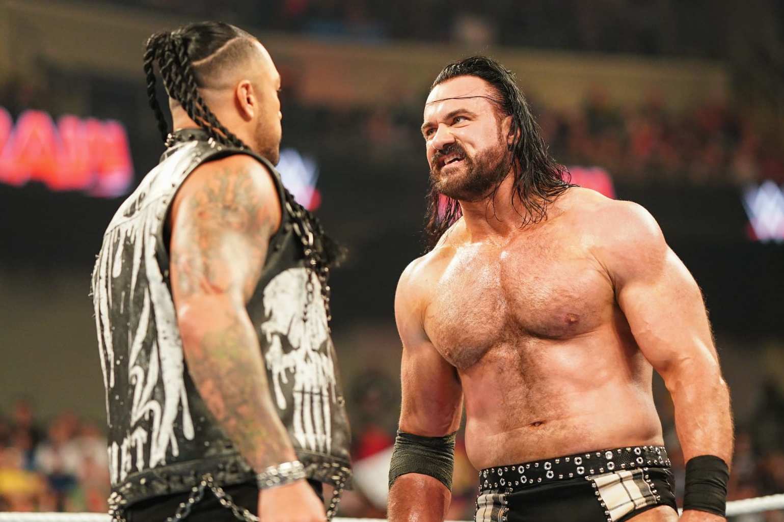 TOLEDO, OHIO - JUNE 10: Damian Priest and Drew McIntyre face off during Monday Night RAW at Huntington Center on June 10, 2024 in Toledo, Ohio. (Photo by WWE/Getty Images)