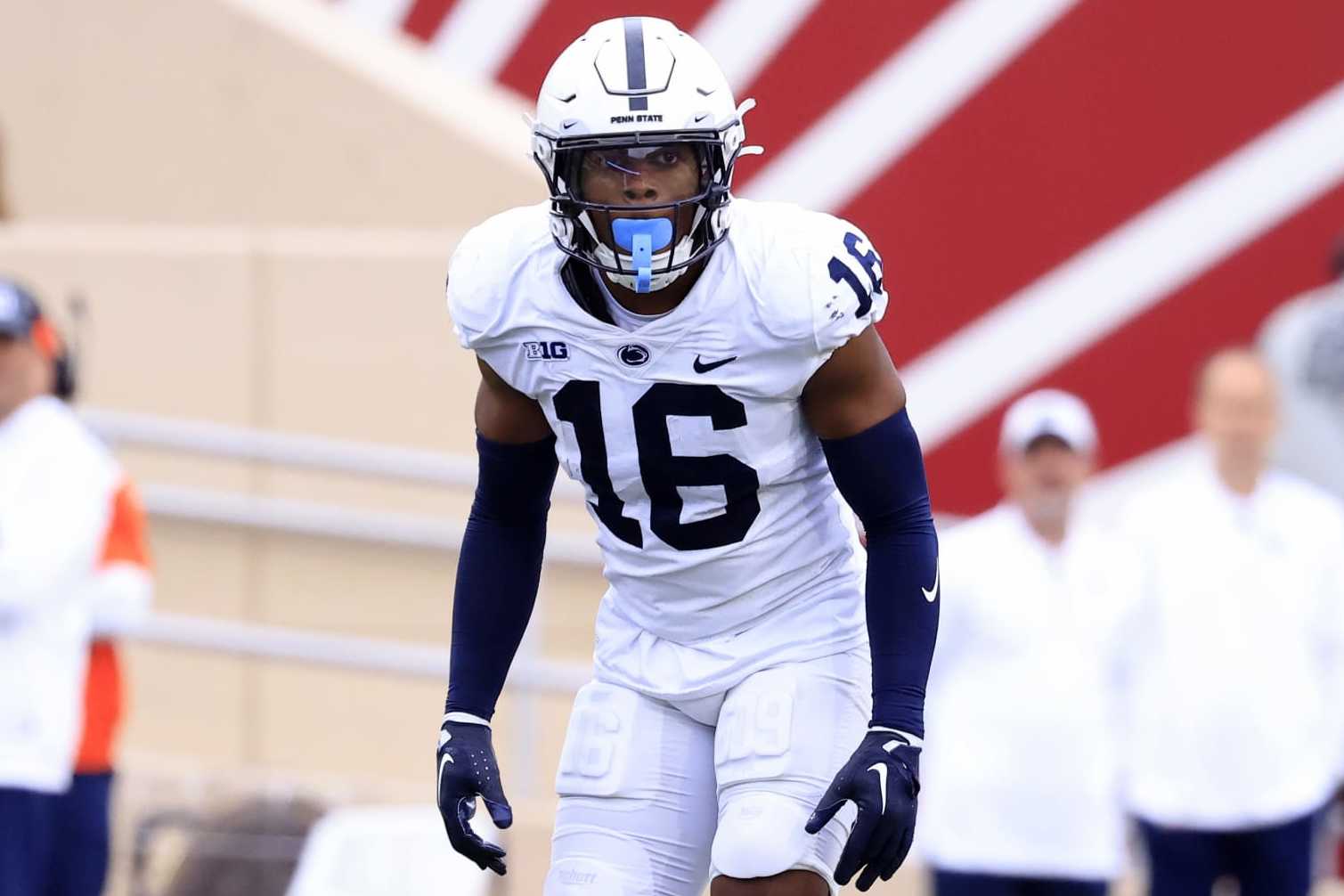 BLOOMINGTON, INDIANA - NOVEMBER 05: Ji'Ayir Brown #16 of the Penn State Nittany Lions on the field in the game against the Indiana Hoosiers at Memorial Stadium on November 05, 2022 in Bloomington, Indiana. (Photo by Justin Casterline/Getty Images)