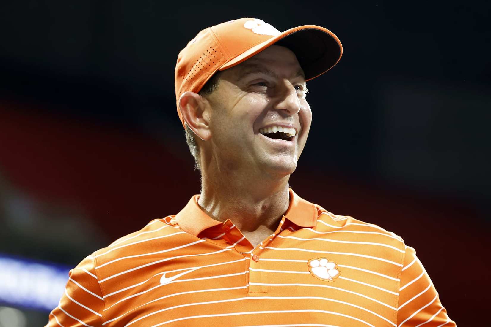 ATLANTA, GA - SEPTEMBER 05: Clemson Tigers head coach Dabo Swinney is all smiles after winning the Monday evening college football game between the Georgia Tech Yellow Jackets and the Clemson Tigers on September 5, 2022 at Mercedes-Benz Stadium in Atlanta, Georgia. (Photo by David J. Griffin/Icon Sportswire via Getty Images)