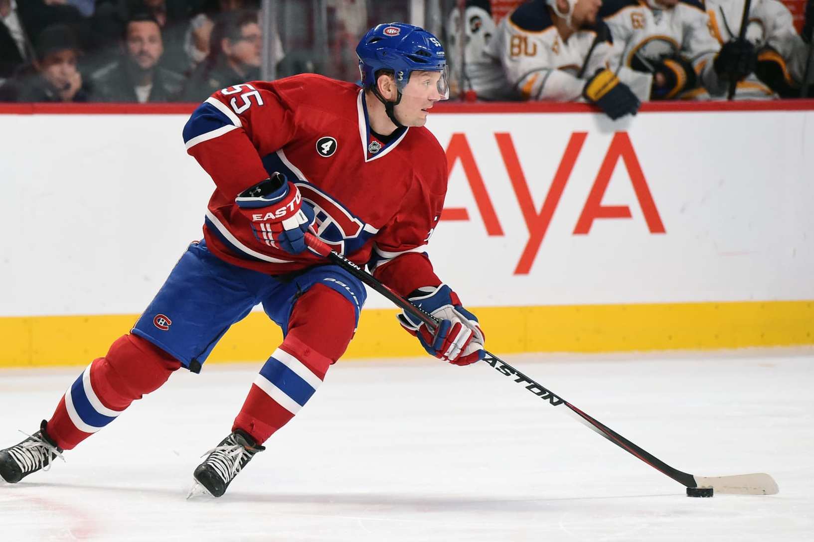 MONTREAL, QC - FEBRUARY 3: Sergei Gonchar #55 of the Montreal Canadiens skates with the puck against the Buffalo Sabres in the NHL game at the Bell Centre on February 3, 2015 in Montreal, Quebec, Canada. (Photo by Francois Lacasse/NHLI via Getty Images)