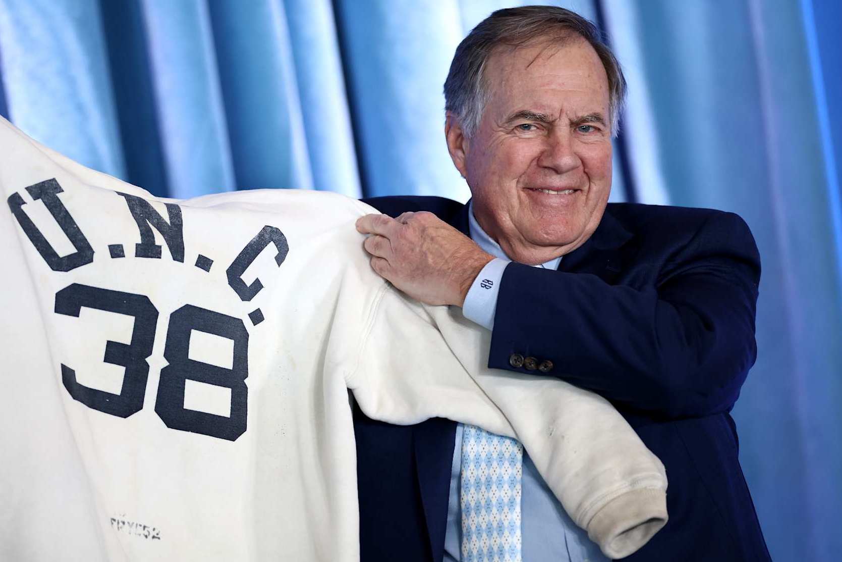 CHAPEL HILL, NORTH CAROLINA - DECEMBER 12: Head Coach Bill Belichick of the North Carolina Tar Heels poses during a press conference on December 12, 2024 in Chapel Hill, North Carolina. (Photo by Jared C. Tilton/Getty Images)