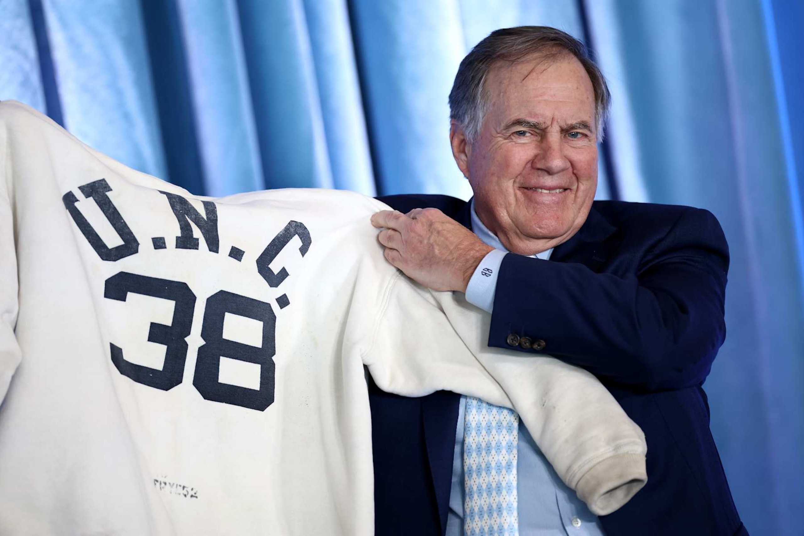 CHAPEL HILL, NORTH CAROLINA - DECEMBER 12: Head Coach Bill Belichick of the North Carolina Tar Heels poses during a press conference on December 12, 2024 in Chapel Hill, North Carolina. (Photo by Jared C. Tilton/Getty Images)