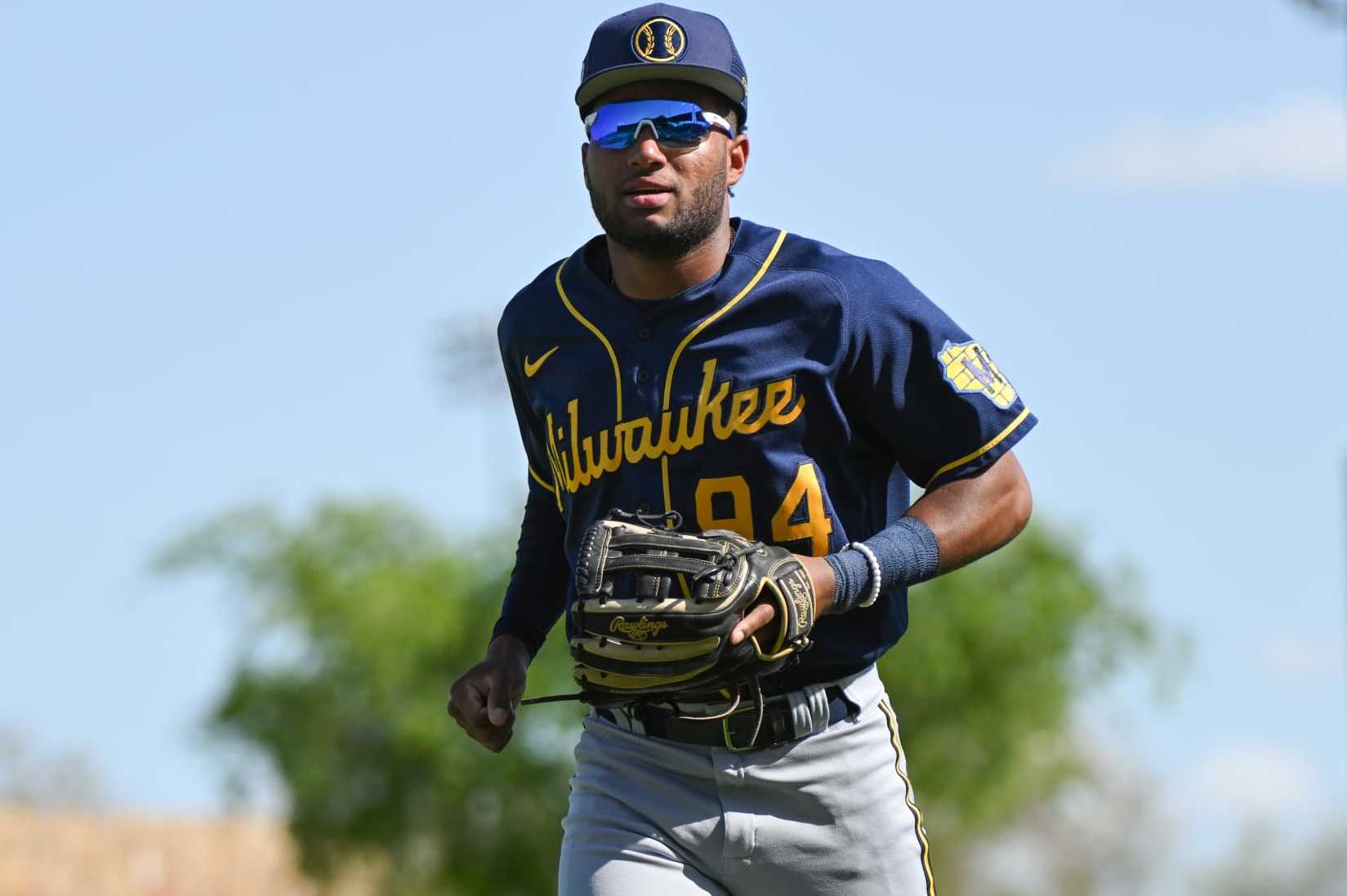 GLENDALE, ARIZONA - MARCH 24, 2023: Jackson Chourio #94 of the Milwaukee Brewers runs off the field after the eighth inning of a spring training game against the Los Angeles Dodgers at Camelback Ranch on March 24, 2023 in Glendale, Arizona. (Photo by David Durochik/Diamond Images via Getty Images)