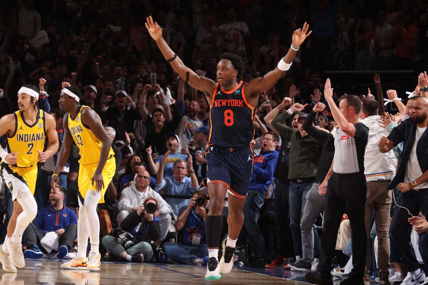 NEW YORK, NY - MAY 8: OG Anunoby #8 of the New York Knicks celebrates during the game against the Indiana Pacers during Round 2 Game 2 of the 2024 NBA Playoffs on May 8, 2024 at Madison Square Garden in New York City, New York. NOTE TO USER: User expressly acknowledges and agrees that, by downloading and or using this photograph, User is consenting to the terms and conditions of the Getty Images License Agreement. Mandatory Copyright Notice: Copyright 2024 NBAE (Photo by Nathaniel S. Butler/NBAE via Getty Images)