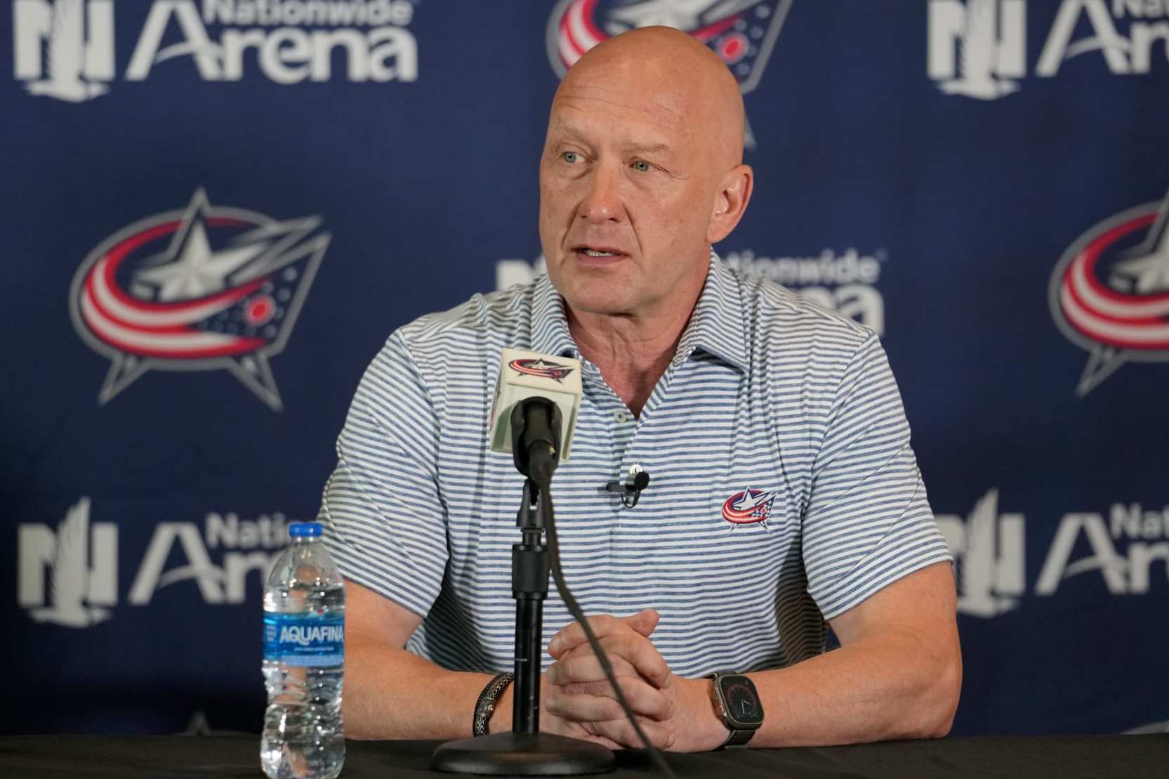 COLUMBUS, OHIO - JULY 01: General Manager Jarmo Kekalainen addresses member of the media during a press conference at Nationwide Arena on July 01, 2023 in Columbus, Ohio. (Photo by Jason Mowry/Getty Images)