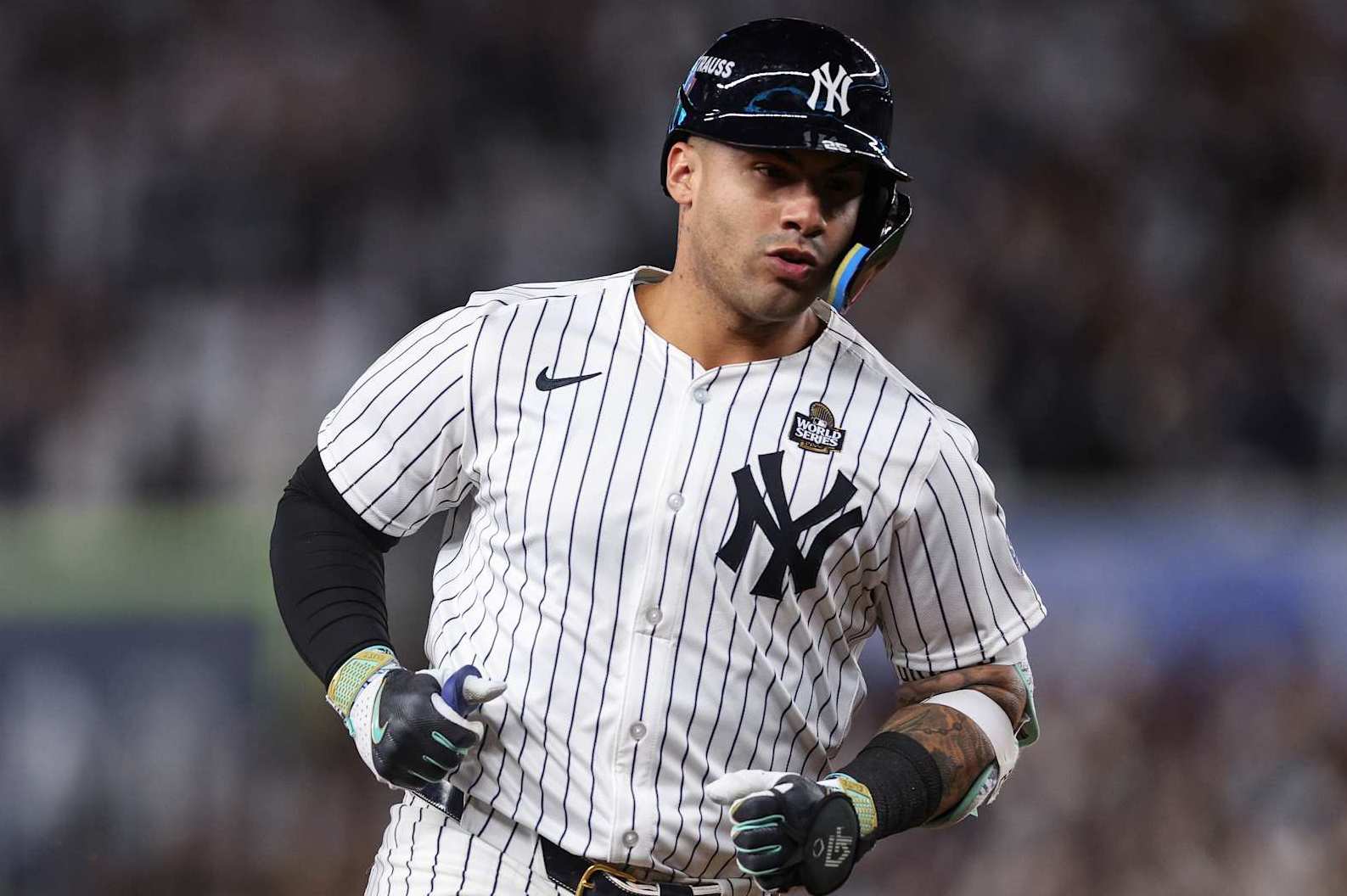 NEW YORK, NEW YORK - OCTOBER 29:  Gleyber Torres #25 of the New York Yankees rounds the bases after hitting three-run home run during the eighth inning of Game Four of the 2024 World Series against the Los Angeles Dodgers at Yankee Stadium on October 29, 2024 in the Bronx borough of New York City. (Photo by Elsa/Getty Images)