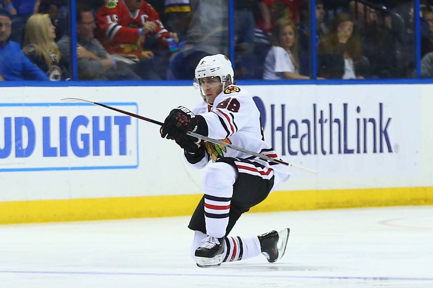 ST. LOUIS, MO - APRIL 21: Patrick Kane #88 of the Chicago Blackhawks celebrates after scoring the game-winning goal against the St. Louis Blues in Game Five of the Western Conference First Round during the 2016 NHL Stanley Cup Playoffs at the Scottrade Center on April 21, 2016 in St. Louis, Missouri. The Blackhawks beat the Blues 4-3 in double overtime. (Photo by Dilip Vishwanat/ Getty Images)