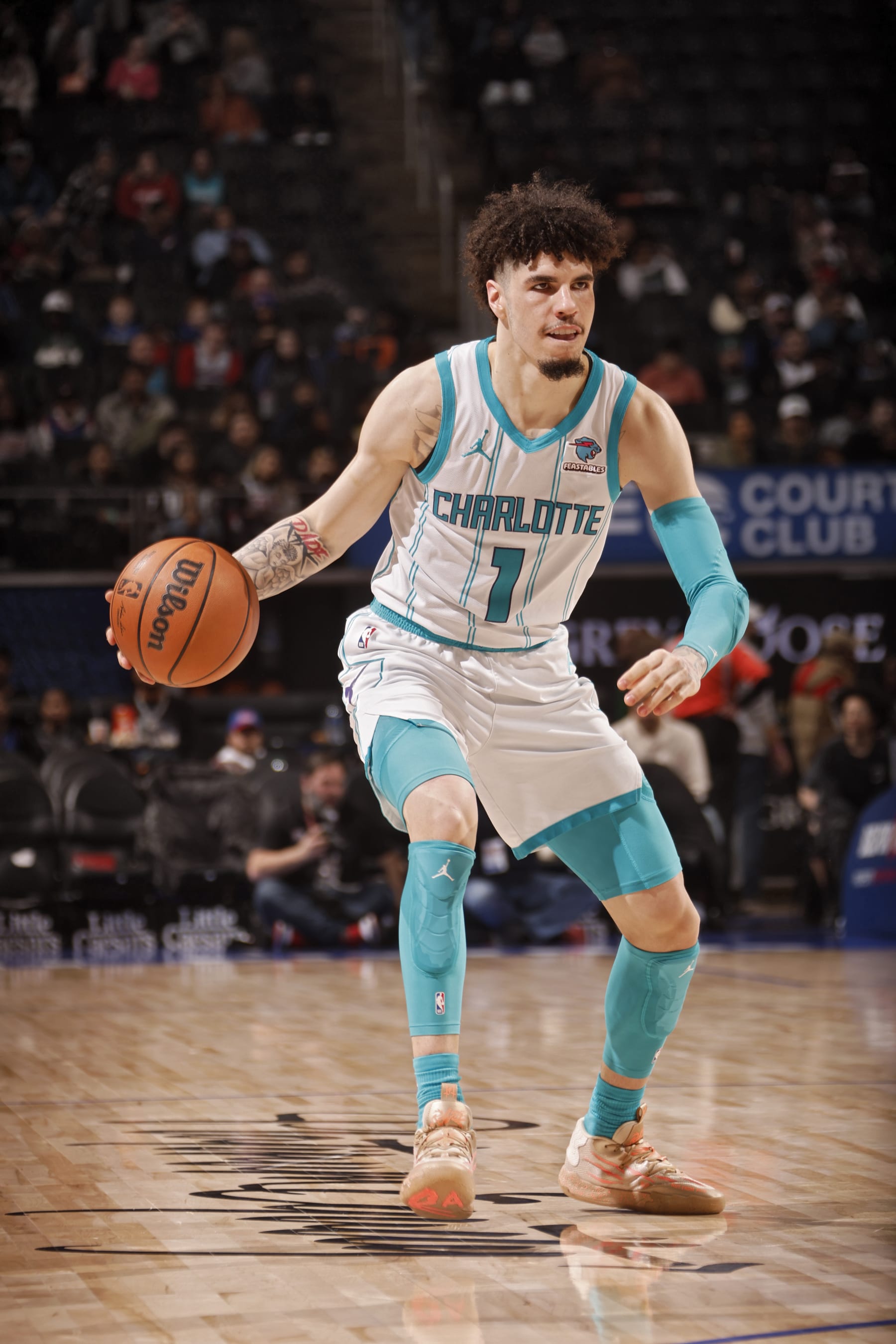 DETROIT, MI - JANUARY 24: LaMelo Ball #1 of the Charlotte Hornets dribbles the ball during the game against the Detroit Pistons on January 24, 2024 at Little Caesars Arena in Detroit, Michigan. NOTE TO USER: User expressly acknowledges and agrees that, by downloading and/or using this photograph, User is consenting to the terms and conditions of the Getty Images License Agreement. Mandatory Copyright Notice: Copyright 2024 NBAE (Photo by Brian Sevald/NBAE via Getty Images)
