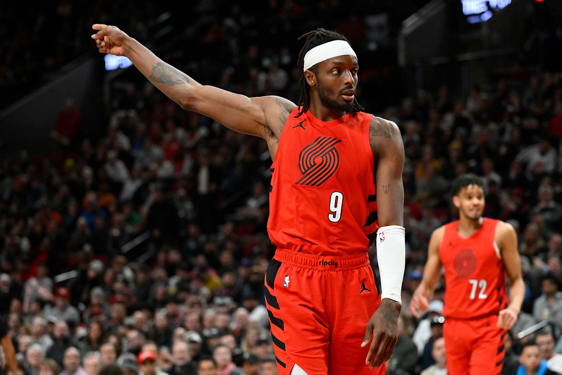 PORTLAND, OREGON - MARCH 06: Jerami Grant #9 of the Portland Trail Blazers gestures during the fourth quarter of the game \V at the Moda Center on March 06, 2024 in Portland, Oregon. The Oklahoma City Thunder won 128-120. NOTE TO USER: User expressly acknowledges and agrees that, by downloading and or using this photograph, User is consenting to the terms and conditions of the Getty Images License Agreement. (Photo by Alika Jenner/Getty Images)