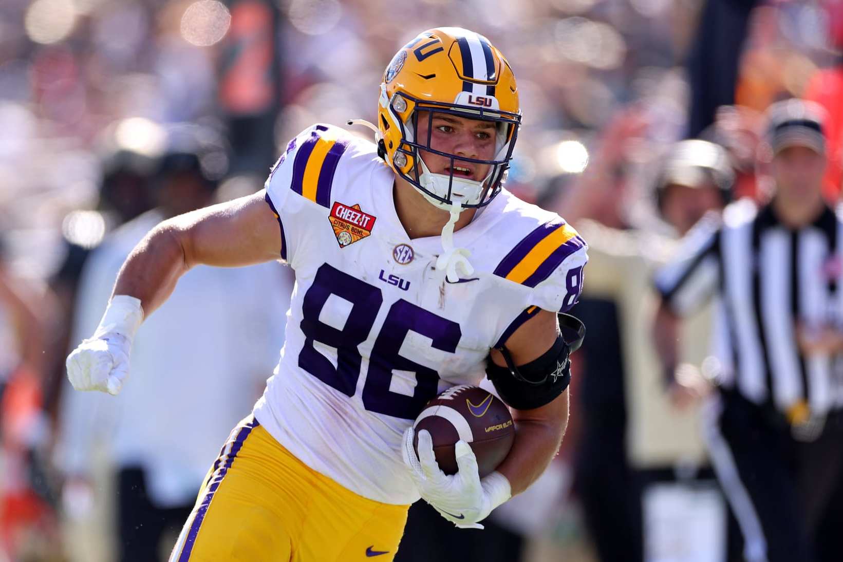 ORLANDO, FLORIDA - JANUARY 02: Mason Taylor #86 of the LSU Tigers scores a touchdown during the Cheez-It Citrus Bowl against the Purdue Boilermakers at Camping World Stadium on January 02, 2023 in Orlando, Florida. (Photo by Mike Ehrmann/Getty Images)