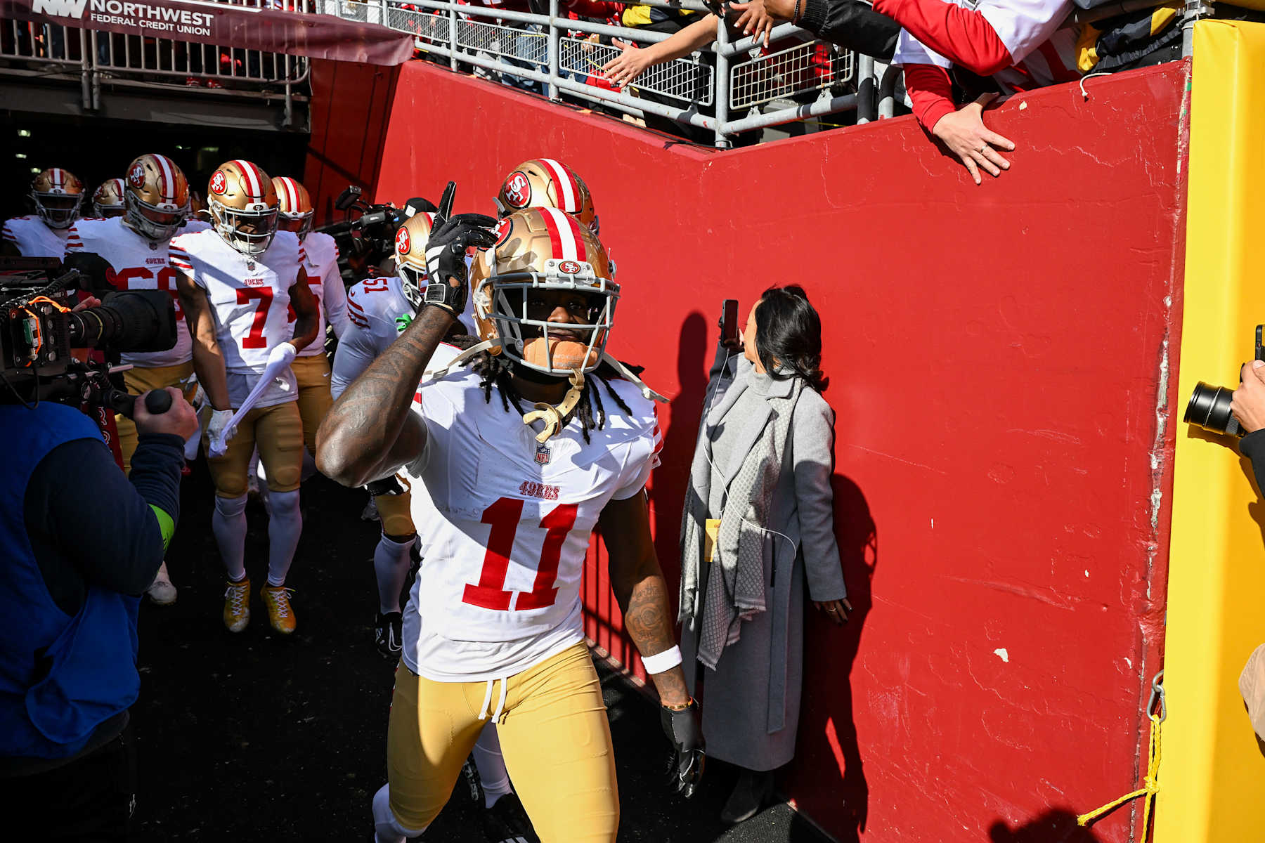 LANDOVER, MARYLAND - DECEMBER 31: Brandon Aiyuk #11 of the San Francisco 49ers takes the field prior to a game on Commanders at FedExField on December 31, 2023 in Landover, Maryland. (Photo by Greg Fiume/Getty Images)