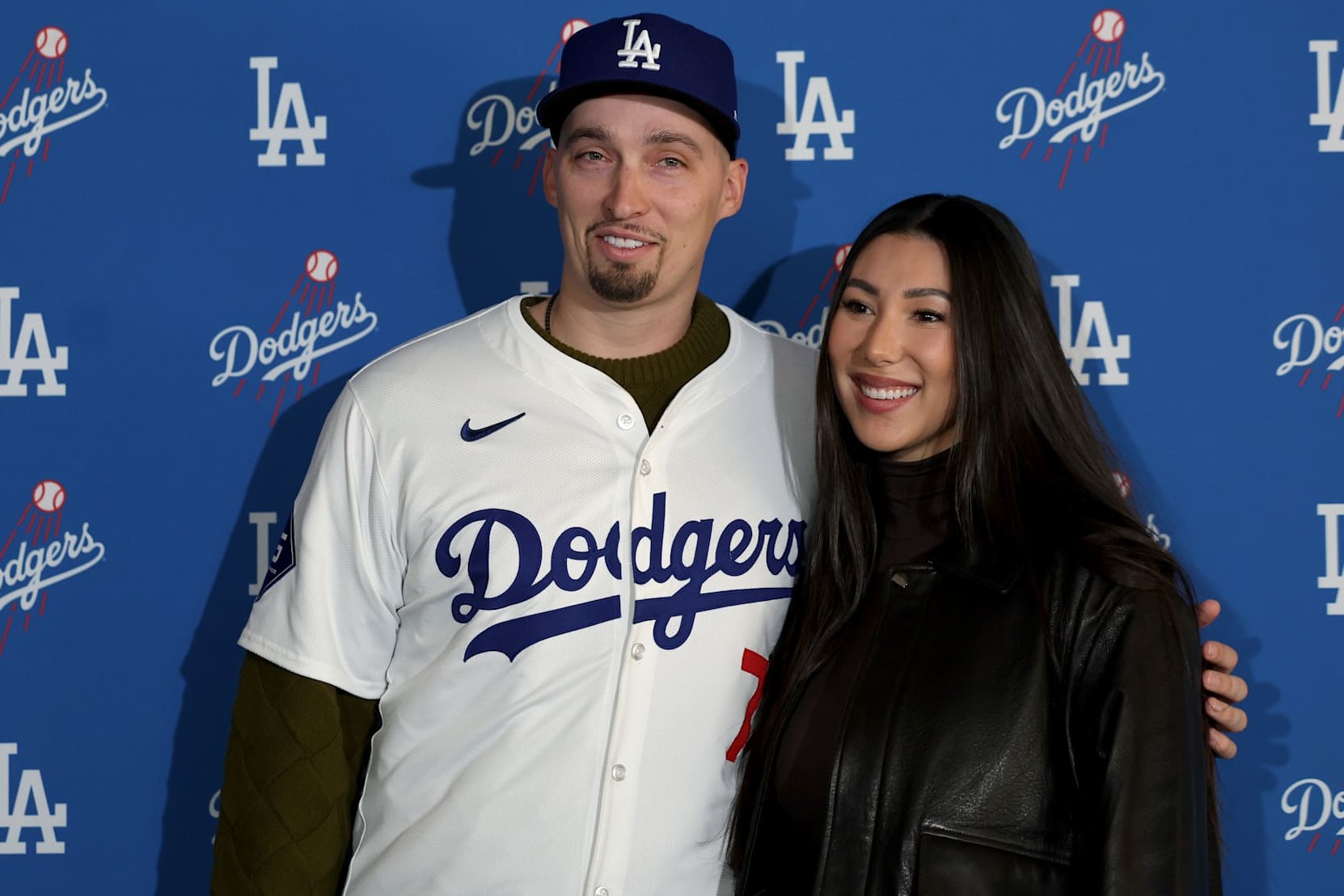 LOS ANGELES, CALIFORNIA - DECEMBER 03: Blake Snell and girlfriend Haeley Mar, pose for a picture during a press conference introducing him as a Los Angeles Dodger at Dodger Stadium on December 03, 2024 in Los Angeles, California. (Photo by Harry How/Getty Images)