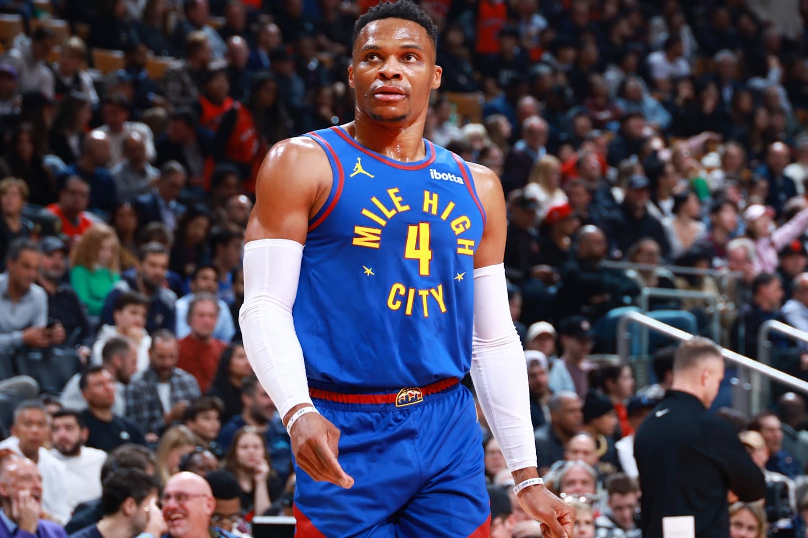 TORONTO, CANADA - OCTOBER 28: Russell Westbrook #4 of the Denver Nuggets looks on during the game against the Toronto Raptors on October 28, 2024 at the Scotiabank Arena in Toronto, Ontario, Canada.  NOTE TO USER: User expressly acknowledges and agrees that, by downloading and or using this Photograph, user is consenting to the terms and conditions of the Getty Images License Agreement.  Mandatory Copyright Notice: Copyright 2024 NBAE (Photo by Vaughn Ridley/NBAE via Getty Images)