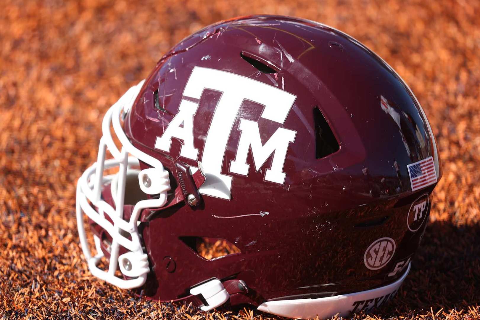 MOBILE, AL - JANUARY 31: A general view of a Texas A&M Aggies helmet during the American Team practice for the Reese's Senior Bowl on January 31, 2024 at Hancock Whitney Stadium in Mobile, Alabama.  (Photo by Michael Wade/Icon Sportswire via Getty Images)