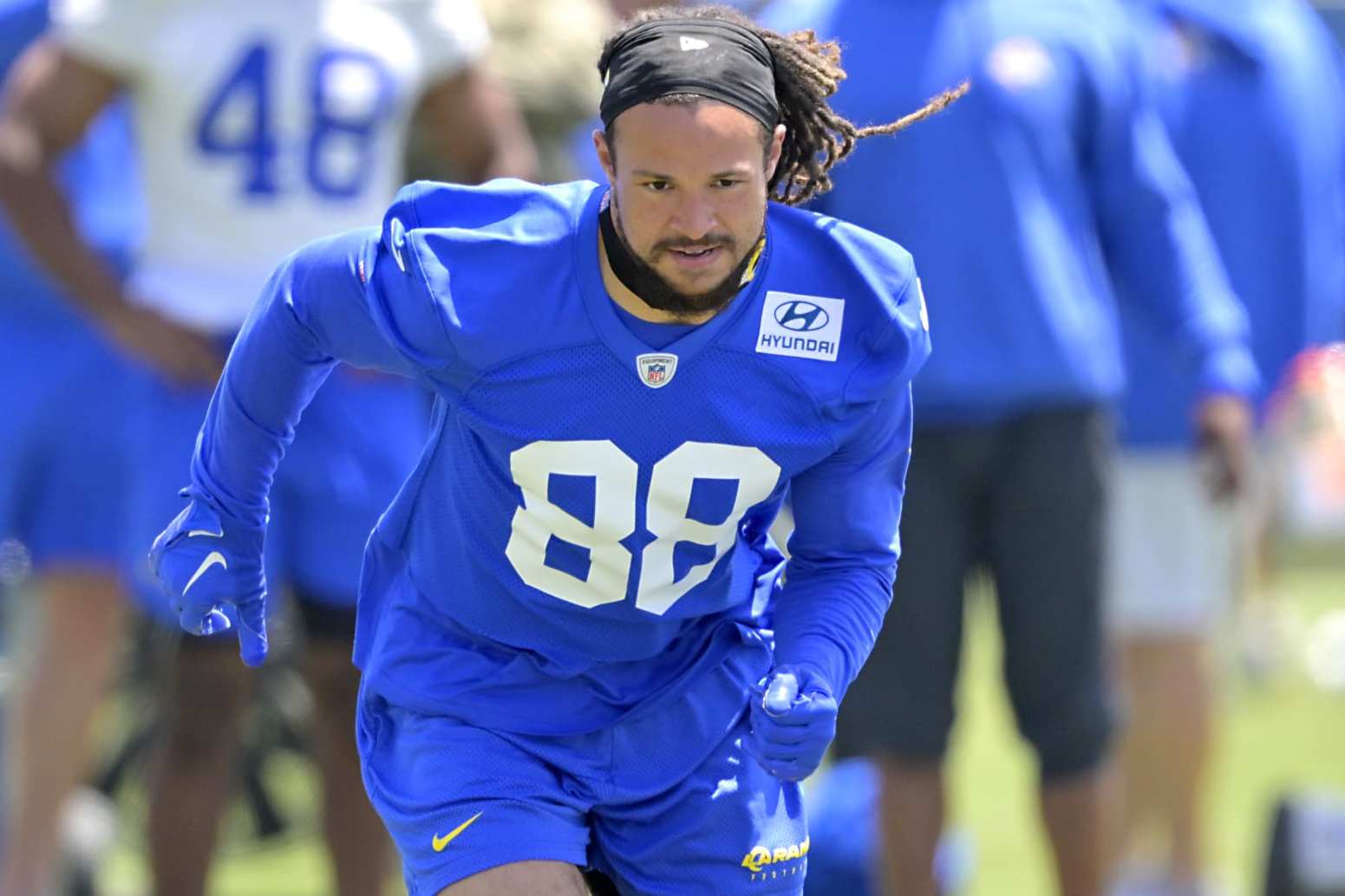 THOUSAND OAKS, CALIFORNIA - MAY 21: Wide receiver Jordan Whittington #88 of the Los Angeles Rams participates in drills during OTAs on May 21, 2024 at Cal Lutheran University in Thousand Oaks, California. (Photo by Jayne Kamin-Oncea/Getty Images)
