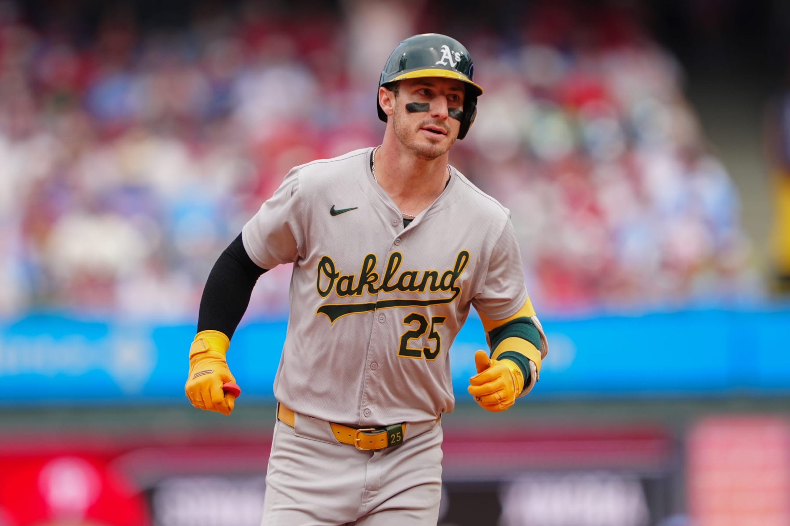 PHILADELPHIA, PA - JULY 14: Oakland Athletics Designated Hitter Brent Rooker (25) rounds the bases after hitting a two run home run during the sixth inning of the Major League Baseball game between the Oakland Athletics and the Philadelphia Phillies on July 14, 2024, at Citizens Bank Park in Philadelphia, PA. (Photo by Gregory Fisher/Icon Sportswire via Getty Images) PHILADELPHIA, PA - JULY 14: Oakland Athletics Designated Hitter Brent Rooker (25) rounds the bases after hitting a two run home run during the sixth inning of the Major League Baseball game between the Oakland Athletics and the Philadelphia Phillies on July 14, 2024, at Citizens Bank Park in Philadelphia, PA. (Photo by Gregory Fisher/Icon Sportswire via Getty Images)