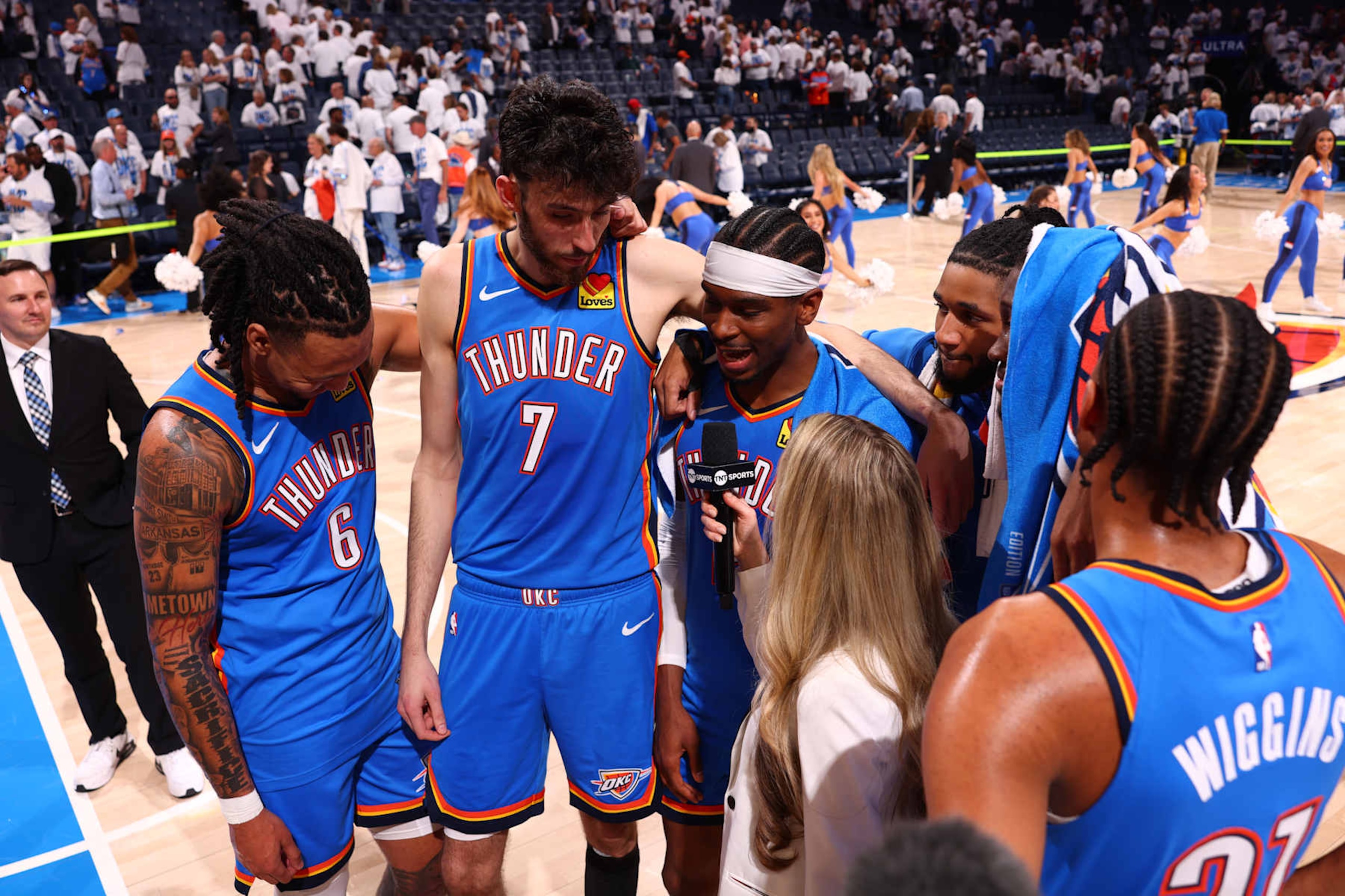 OKLAHOMA CITY, OK - APRIL 24: The Oklahoma City Thunder talks to the media after the game against the New Orleans Pelicans during Round 1 Game 2 of the 2024 NBA Playoffs on April 24, 2024 at Paycom Arena in Oklahoma City, Oklahoma. NOTE TO USER: User expressly acknowledges and agrees that, by downloading and or using this photograph, User is consenting to the terms and conditions of the Getty Images License Agreement. Mandatory Copyright Notice: Copyright 2024 NBAE (Photo by Zach Beeker/NBAE via Getty Images)