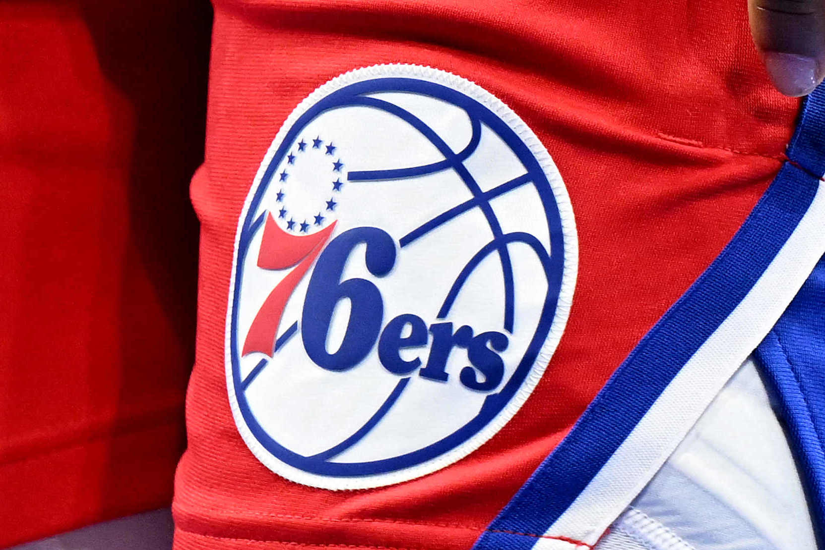 PHILADELPHIA, PENNSYLVANIA - NOVEMBER 22: A view of the Philadelphia 76ers logo on their uniform during the game against the Brooklyn Nets during the NBA Emirates Cup at the Wells Fargo Center on November 22, 2024 in Philadelphia, Pennsylvania. NOTE TO USER: User expressly acknowledges and agrees that, by downloading and or using this photograph, User is consenting to the terms and conditions of the Getty Images License Agreement. (Photo by G Fiume/Getty Images)