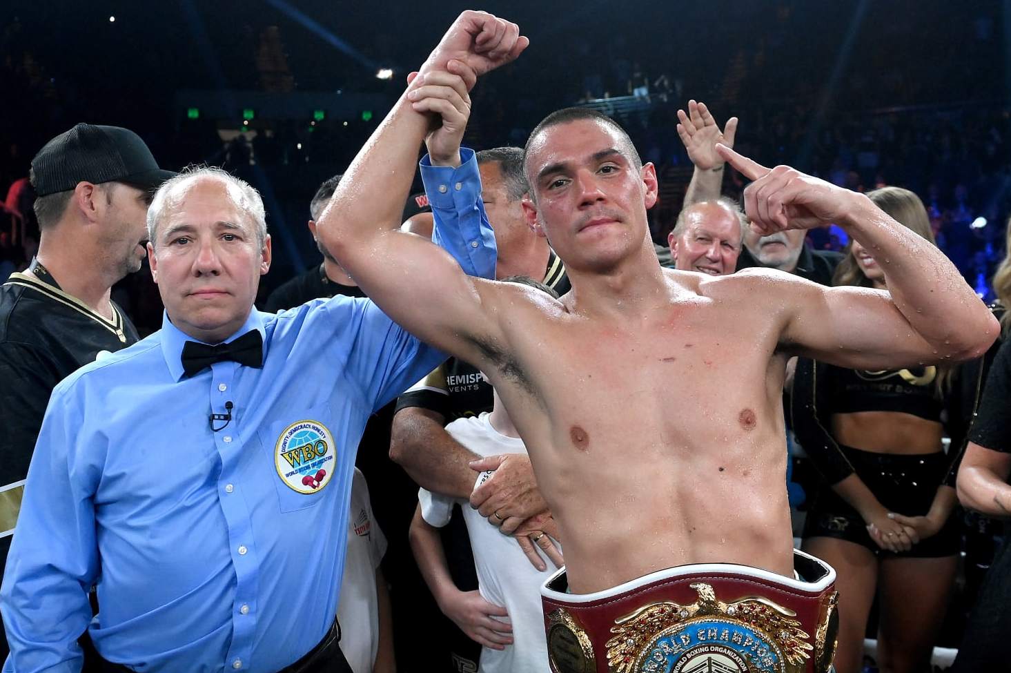 GOLD COAST, AUSTRALIA - OCTOBER 15: Tim Tszyu celebrates victory against Brian Mendoza after the WBO super-welterweight world title bout between Tim Tszyu and Brian Mendoza at Gold Coast Convention and Exhibition Centre on October 15, 2023 in Gold Coast, Australia. (Photo by Bradley Kanaris/Getty Images)