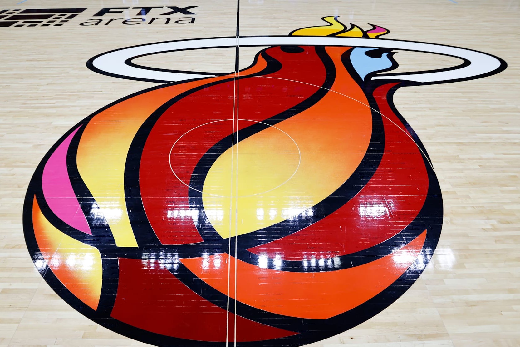 MIAMI, FLORIDA - DECEMBER 08: A general view of the 'Miami Mashup' court logo prior to the game between the Miami Heat and the Milwaukee Bucks at FTX Arena on December 08, 2021 in Miami, Florida. NOTE TO USER: User expressly acknowledges and agrees that, by downloading and or using this photograph, User is consenting to the terms and conditions of the Getty Images License Agreement.  (Photo by Michael Reaves/Getty Images)