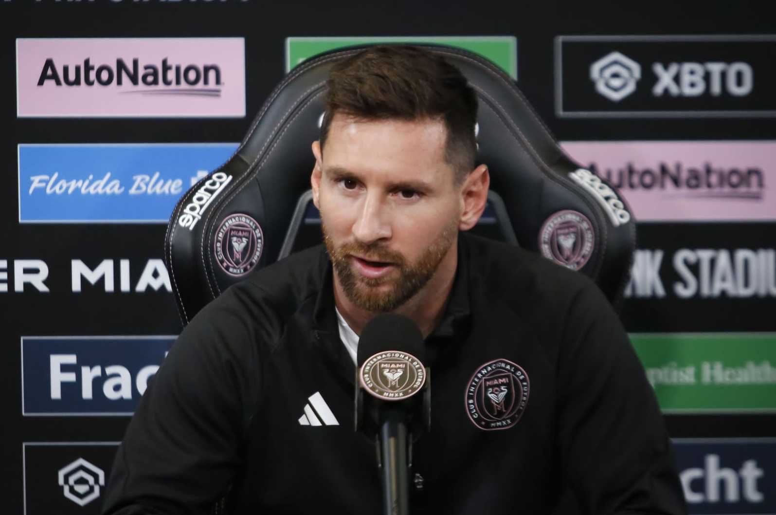 FORT LAUDERDALE, FLORIDA - AUGUST 17: Lionel Messi of Inter Miami CF speaks during a news conference at DRV PNK Stadium on August 17, 2023 in Florida, USA. (Photo by Marco Bello/Anadolu Agency via Getty Images)