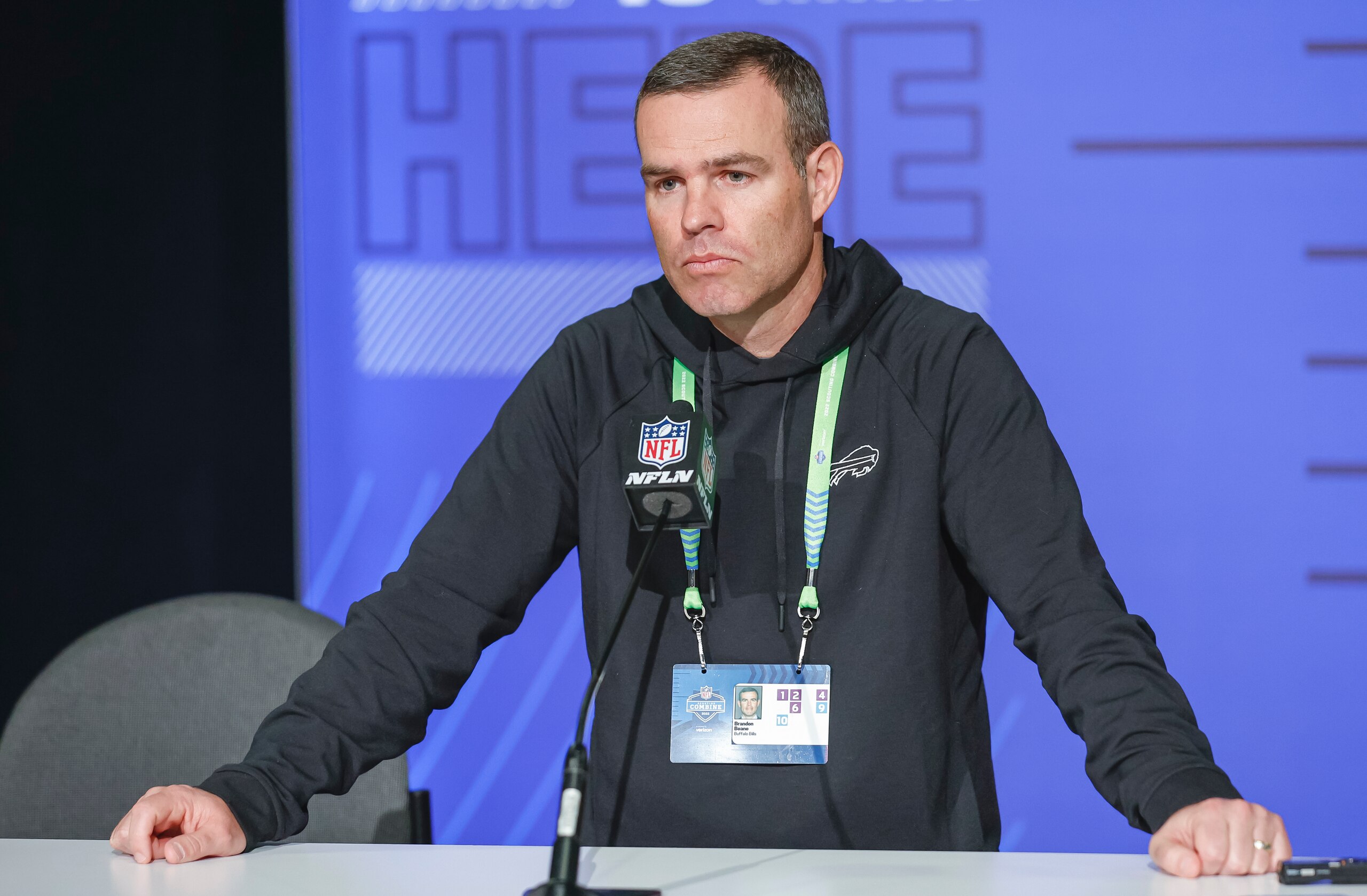 INDIANAPOLIS, IN - MAR 01: Brandon Beane, general manager of the Buffalo Bills speaks to reporters during the NFL Draft Combine at the Indiana Convention Center on March 1, 2022 in Indianapolis, Indiana. (Photo by Michael Hickey/Getty Images)