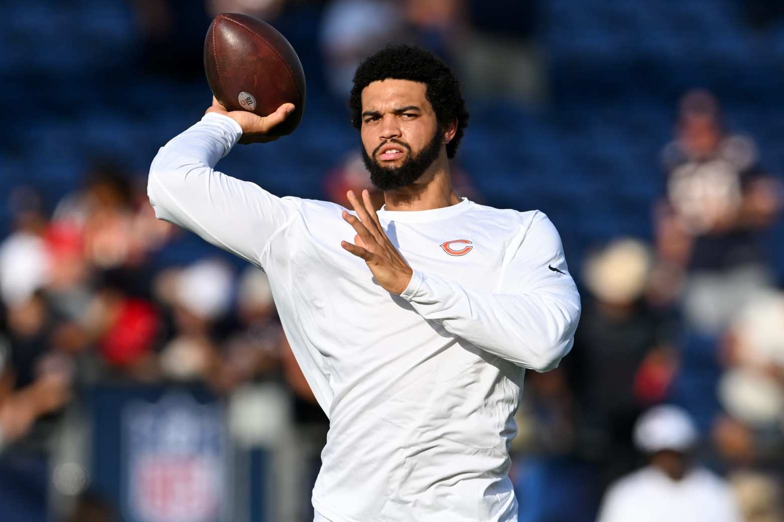 CANTON, OHIO - AUGUST 01: Caleb Williams #18 of the Chicago Bears warms up prior to the 2024 Pro Football Hall of Fame Game against the Houston Texans at Tom Benson Hall Of Fame Stadium on August 01, 2024 in Canton, Ohio. (Photo by Nick Cammett/Getty Images)
