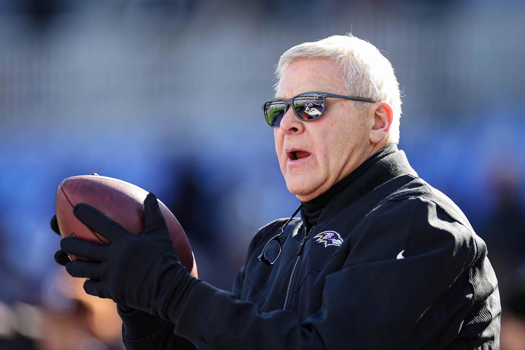 BALTIMORE, MD - NOVEMBER 20: Offensive line coach Joe DAlessandris of the Baltimore Ravens works with players before the game against the Carolina Panthers at M&T Bank Stadium on November 20, 2022 in Baltimore, Maryland. (Photo by Scott Taetsch/Getty Images)