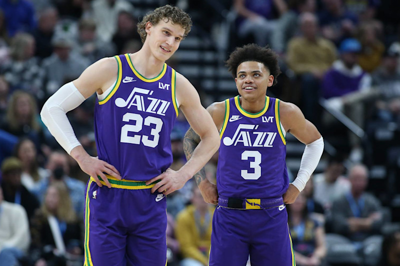 SALT LAKE CITY, UT - FEBRUARY 22: Lauri Markkanen #23 and Keyonte George #3 of the Utah Jazz talk during the first half of their game against the Charlotte Hornets at the Delta Center on February 22, 2024 in Salt Lake City, Utah. NOTE TO USER: User expressly acknowledges and agrees that, by downloading and or using this Photograph, User is concenting to the terms and conditions of the Getty Images license Agreement. (Photo by Chris Gardner/Getty Images)