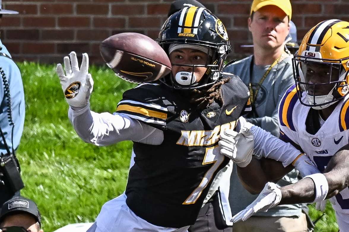 COLUMBIA, MO - OCTOBER 07: Missouri Tigers defensive back Kris Abrams-Draine (7) knocks down the pass in the end zone intended for LSU Tigers wide receiver Malik Nabers (8) during a SEC conference game between the Louisiana State  Tigers and the Missouri Tigers held on Saturday Oct 07, 2023 at Faurot Field at Memorial Stadium in Columbia MO. (Photo by Rick Ulreich/Icon Sportswire via Getty Images