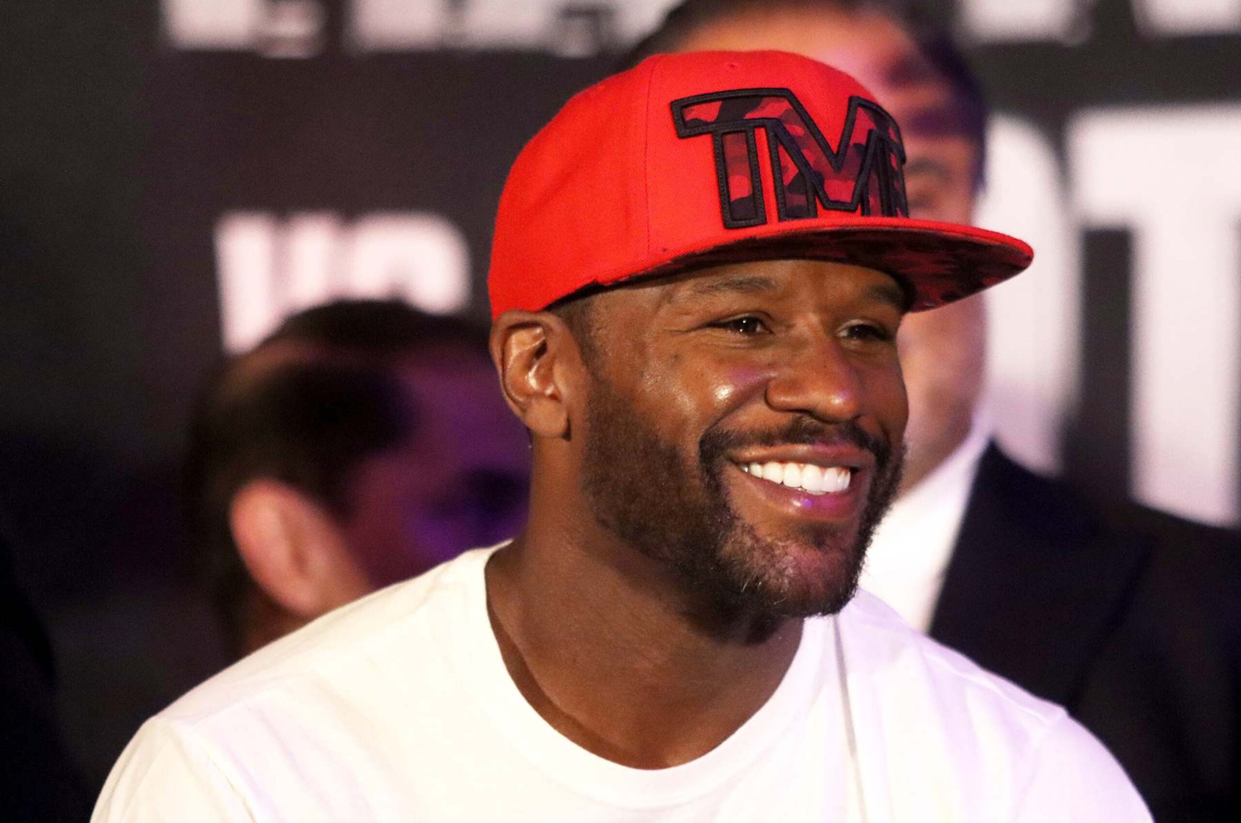 MEXICO CITY, MEXICO - AUGUST 23: Floyd Mayweather Jr smiles during the Weigh-Ins before his exhibition fight against John Gotti III at Big Bola Casino on August 23, 2024 in Mexico City, Mexico. (Photo by Medios y Media/Getty Images)