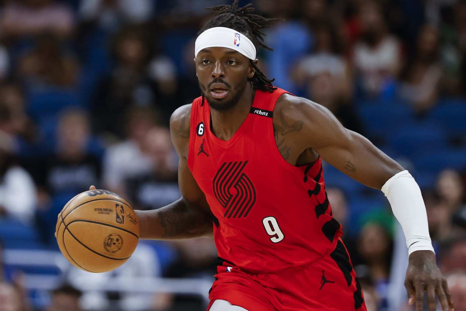 Portland Trail Blazers forward Jerami Grant (9) brings the ball down court against the Orlando Magic during the first half of an NBA basketball game, Sunday, March 5, 2023, in Orlando, Fla. (AP Photo/Kevin Kolczynski) Portland Trail Blazers forward Jerami Grant (9) brings the ball down court against the Orlando Magic during the first half of an NBA basketball game, Sunday, March 5, 2023, in Orlando, Fla. (AP Photo/Kevin Kolczynski)